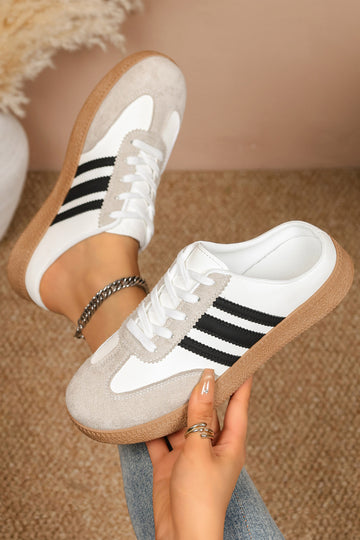 White PU Leather Color Block Varsity Lace Up Flat Shoes