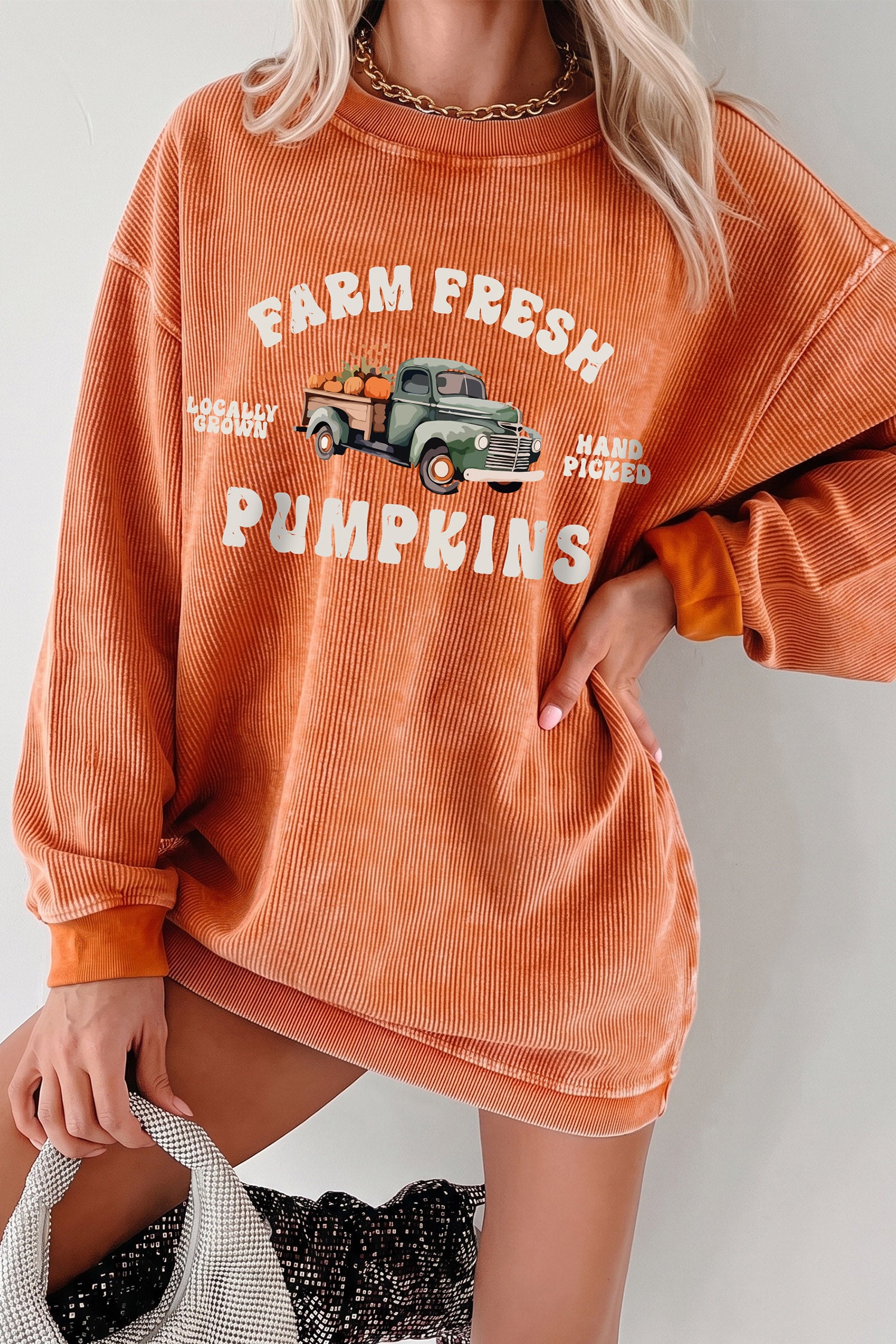 Orange Corded Ribbed Farm Fresh Pumpkins Graphic Pullover Sweatshirt