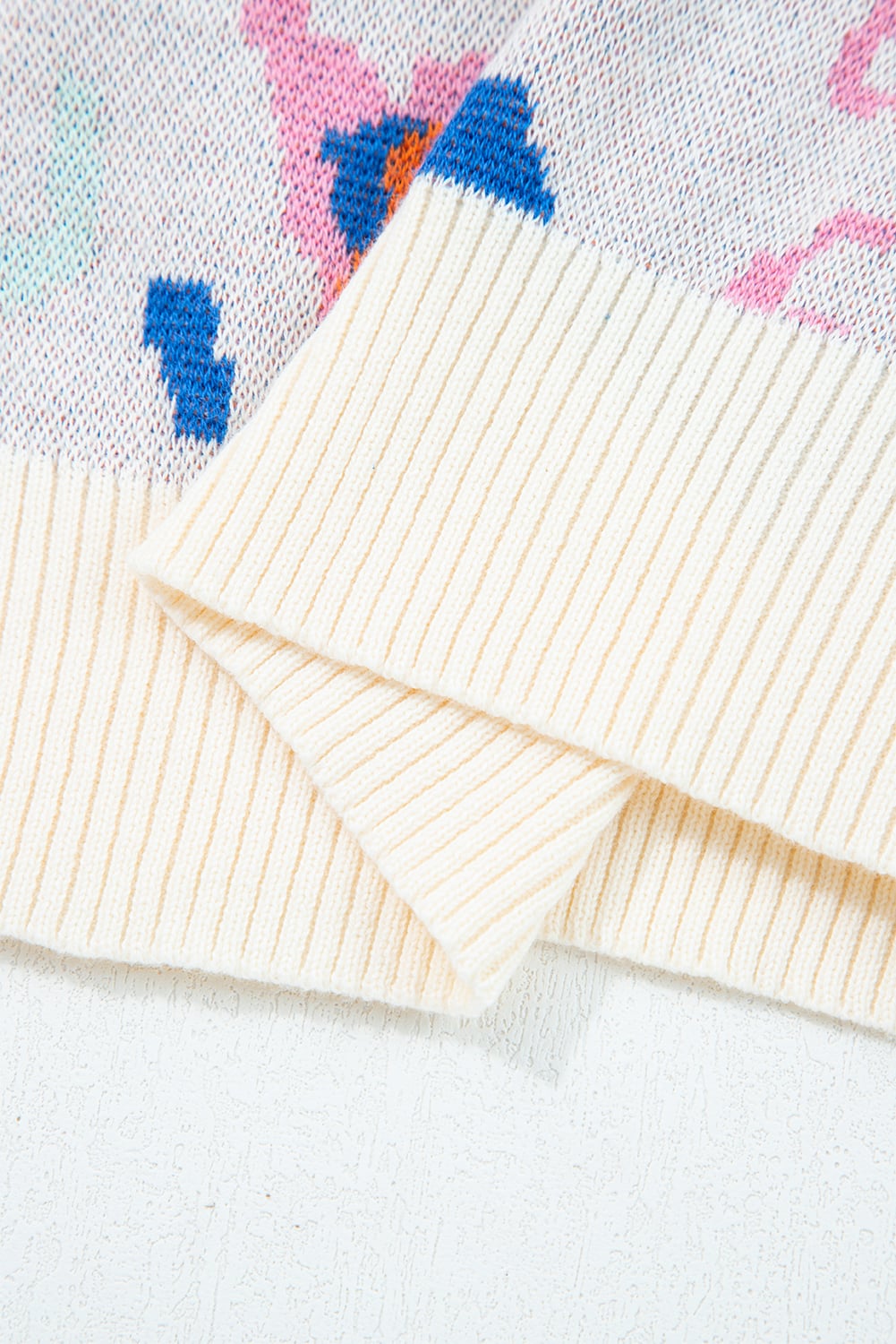 Apricot Abstract Pattern Knit Contrast Striped Trim Short Sleeve Sweater