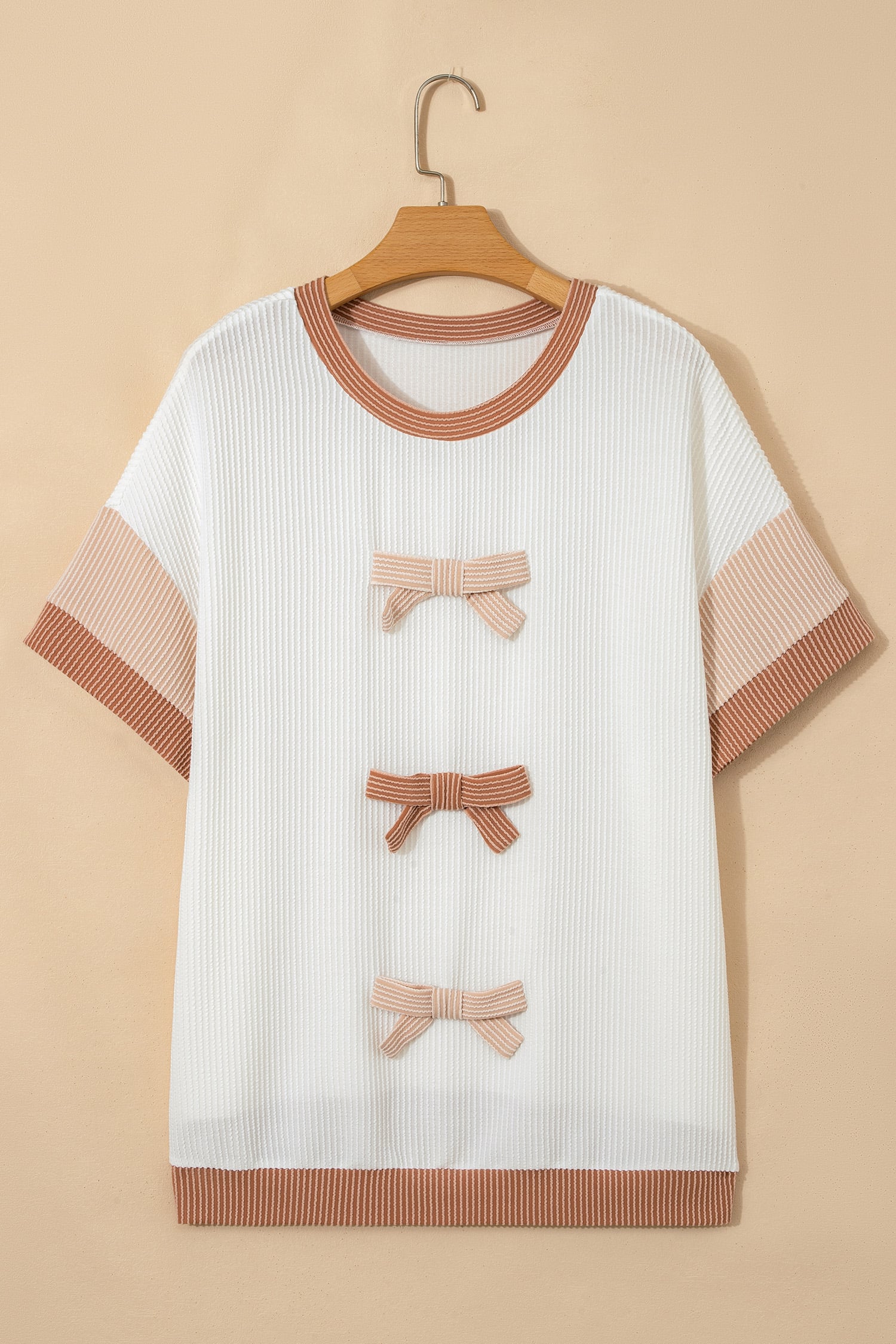 Apricot Bowknot Applique Plus Size Ribbed Top