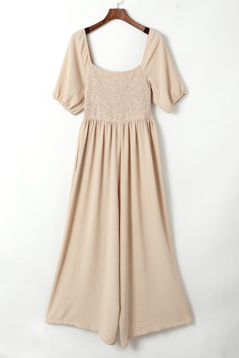 Apricot Short Bubble Sleeve Smocked Wide Leg Jumpsuit
