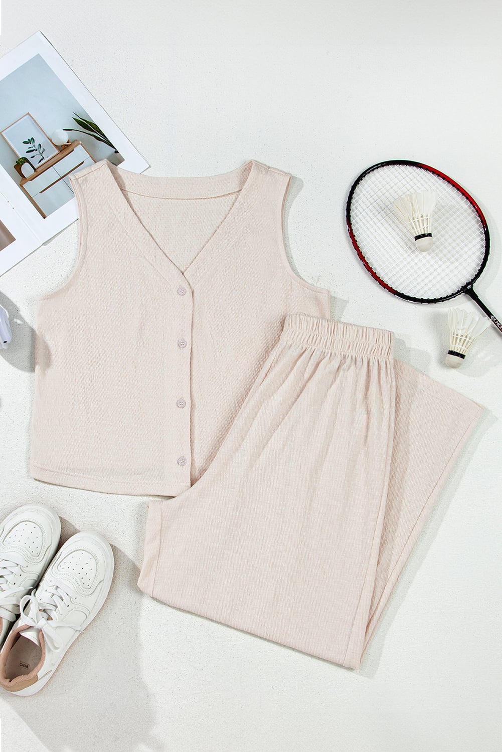 Apricot Buttoned V Neck Tank Top and Wide Leg Pants Casual Outfit