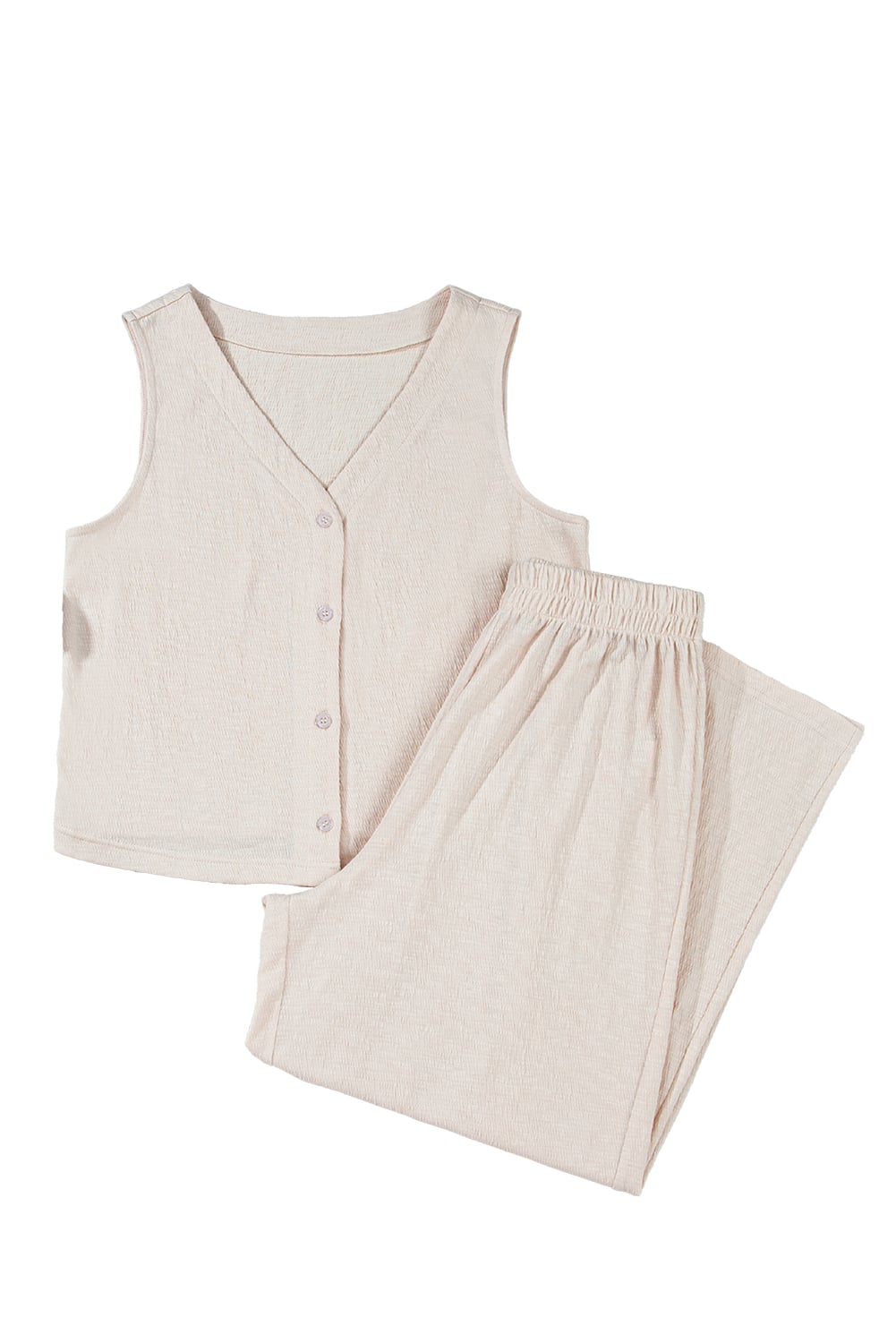 Apricot Buttoned V Neck Tank Top and Wide Leg Pants Casual Outfit