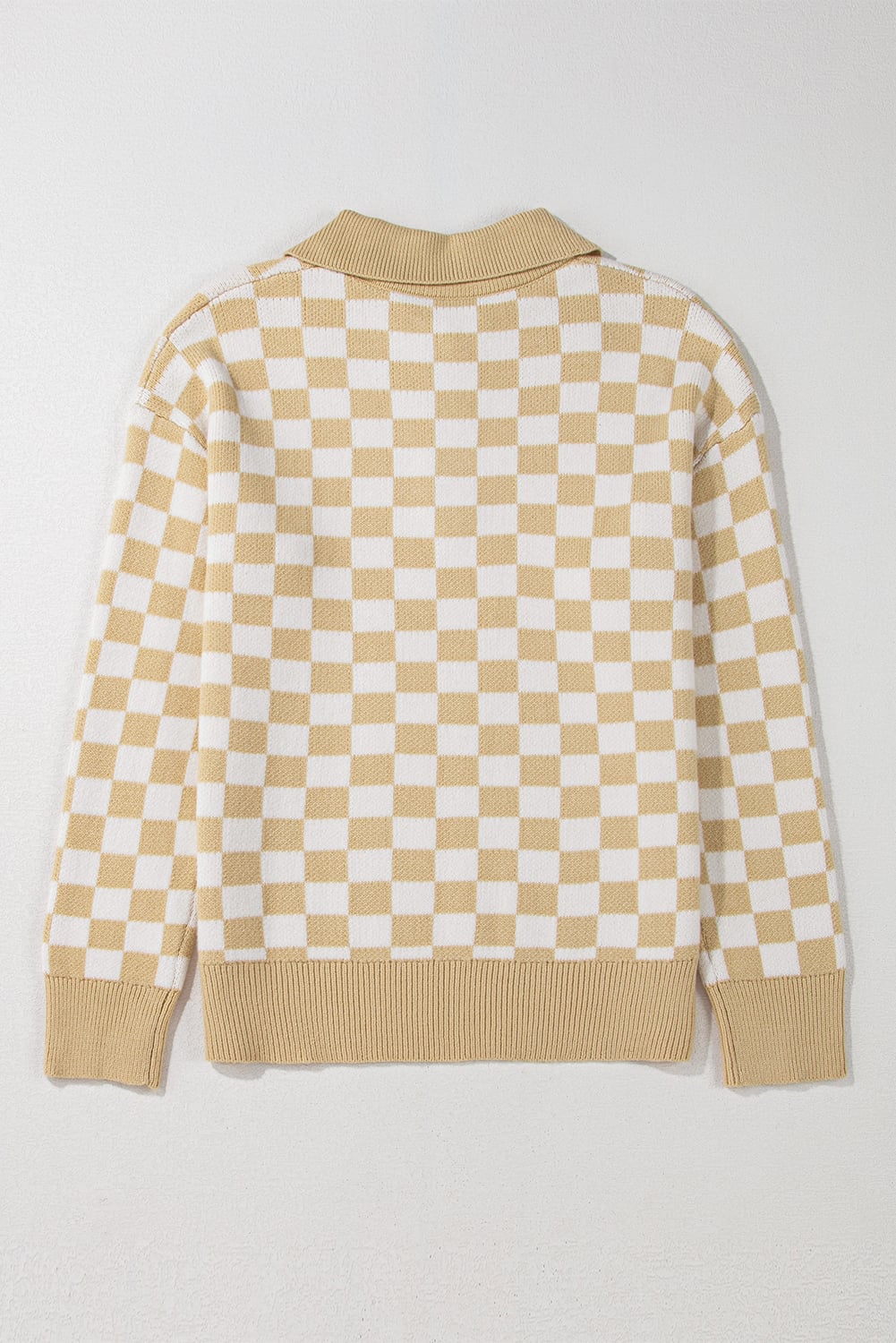 Apricot Checkered Buttons Collar V Neck Drop Shoulder Sweater