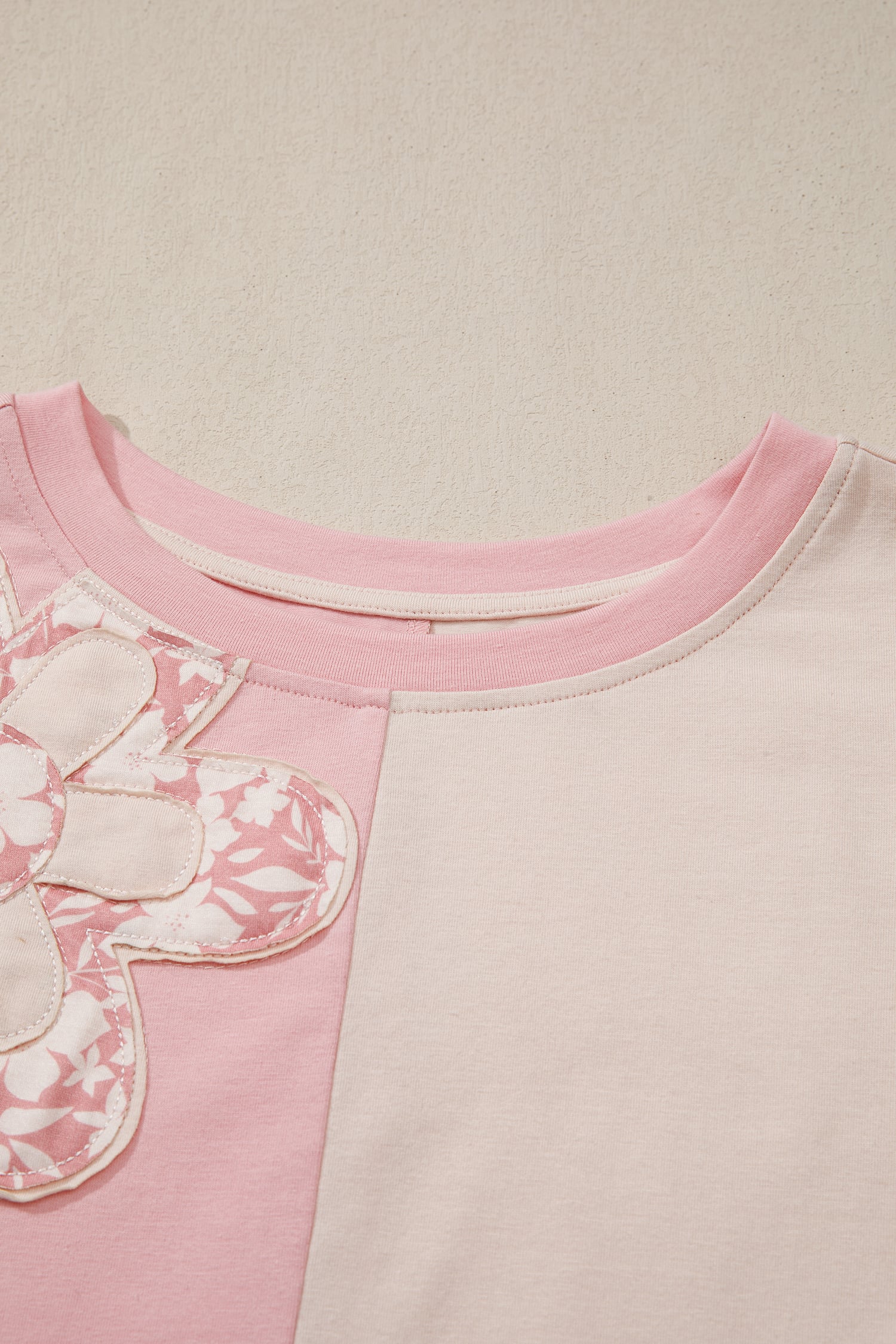 Apricot Color Block Flower Patched Loose T Shirt