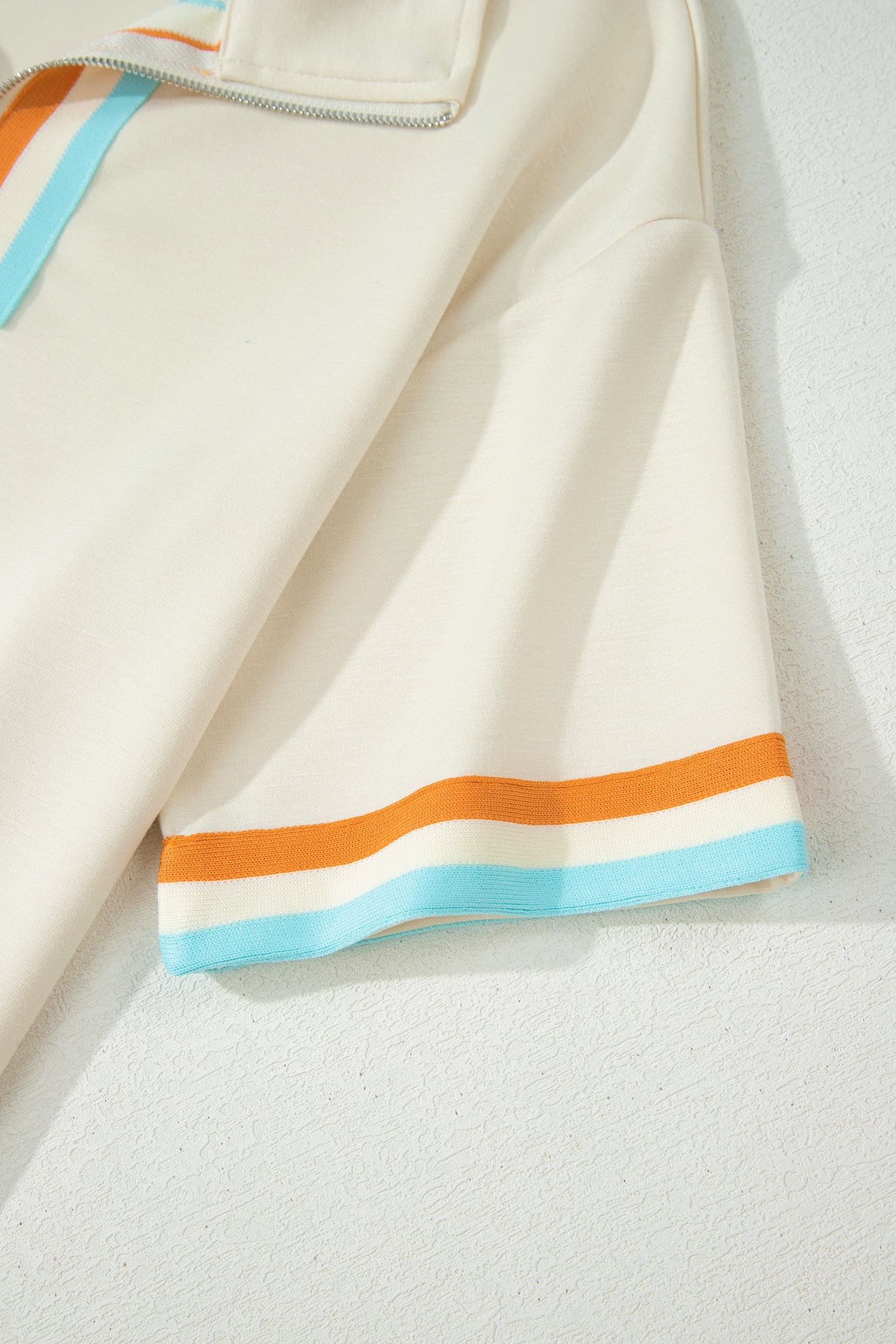 Apricot Colorful Striped Detail Half Zip Polo Tee Loose Shorts Set