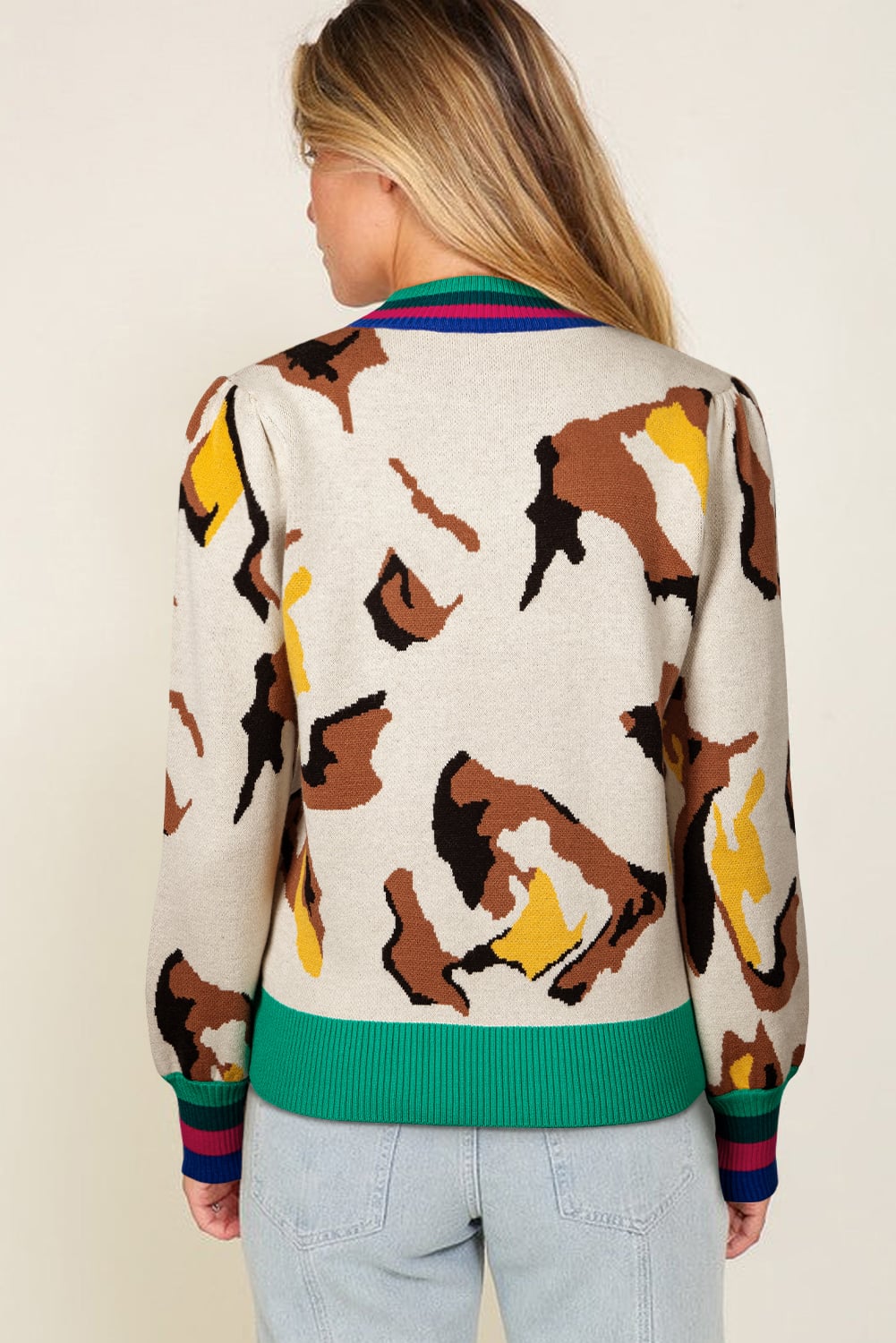 Apricot Contrast Ribbed Stripes Detail Animal Pattern Knit Sweater
