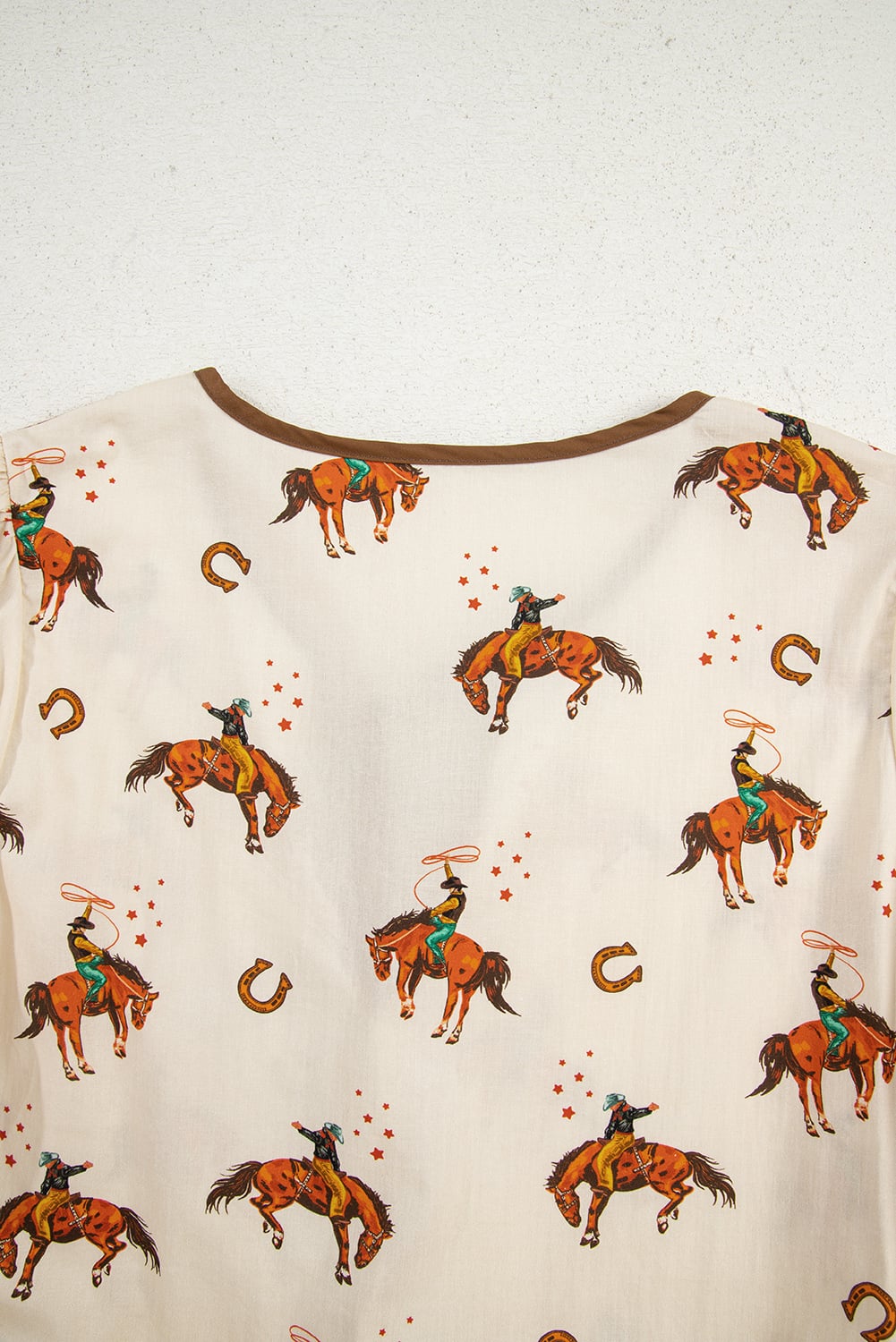Apricot Cowboy Print Puff Sleeve Bowknot Peplum Blouse