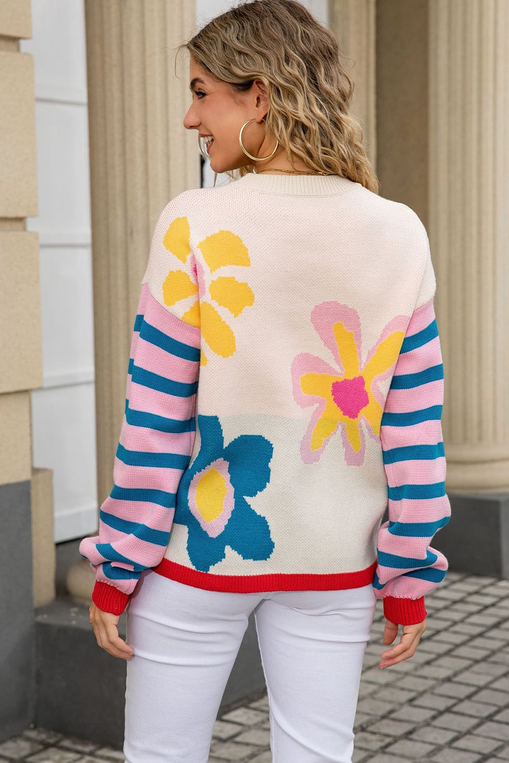 Apricot Cute Flower Pattern Striped Sleeve Sweater