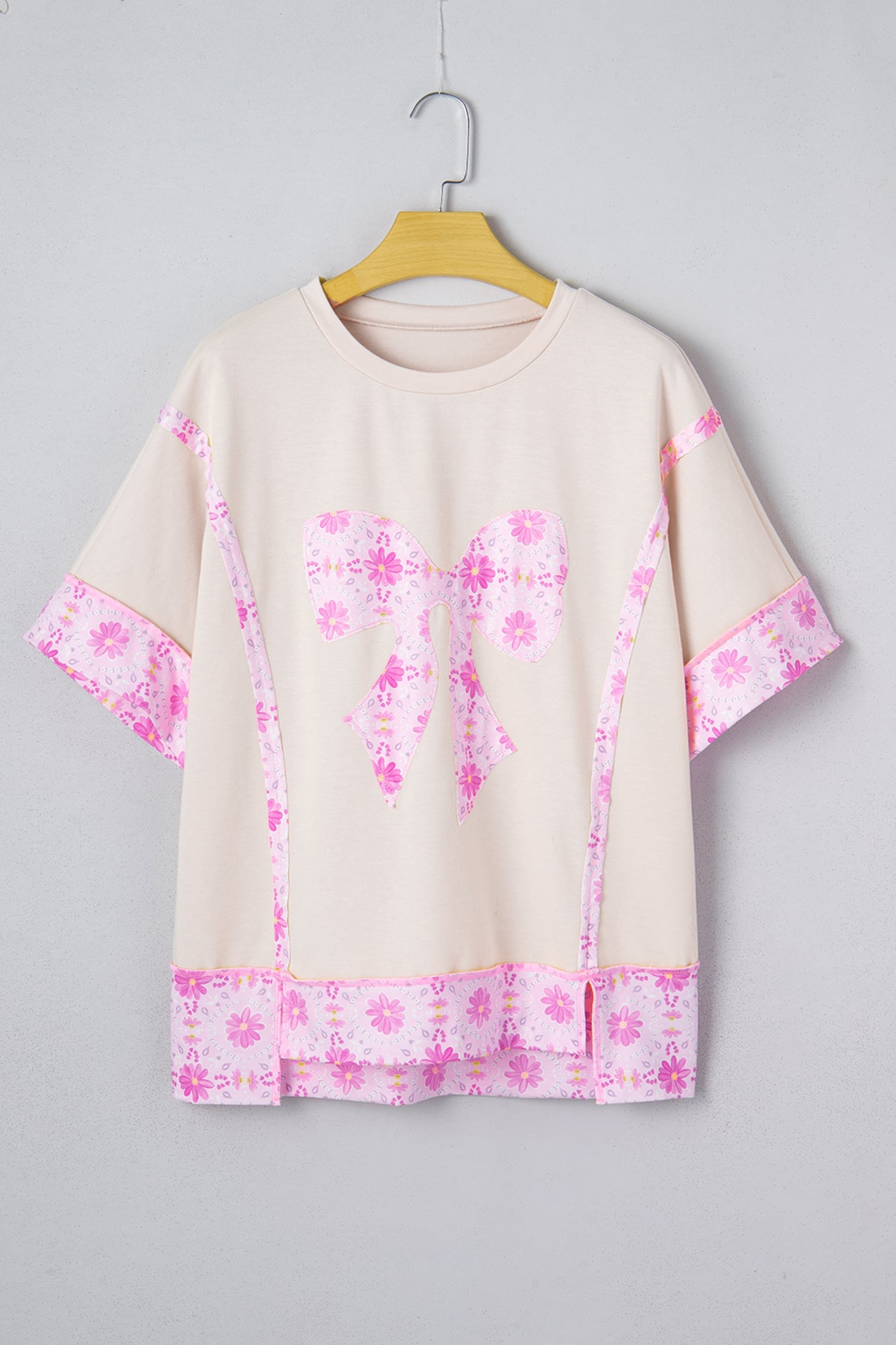 Apricot Daisy Floral Bow Contrast Patchwork Loose T Shirt