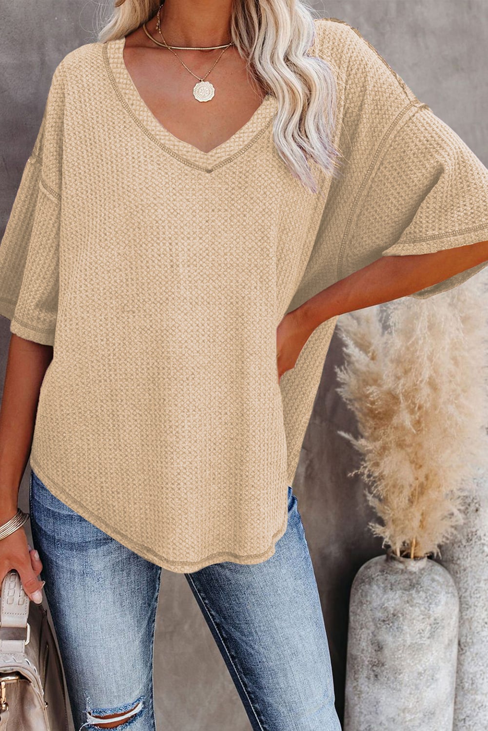 Apricot Exposed Seam Half Sleeve Knitted V Neck Textured Top
