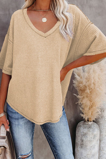 Apricot Exposed Seam Half Sleeve Knitted V Neck Textured Top