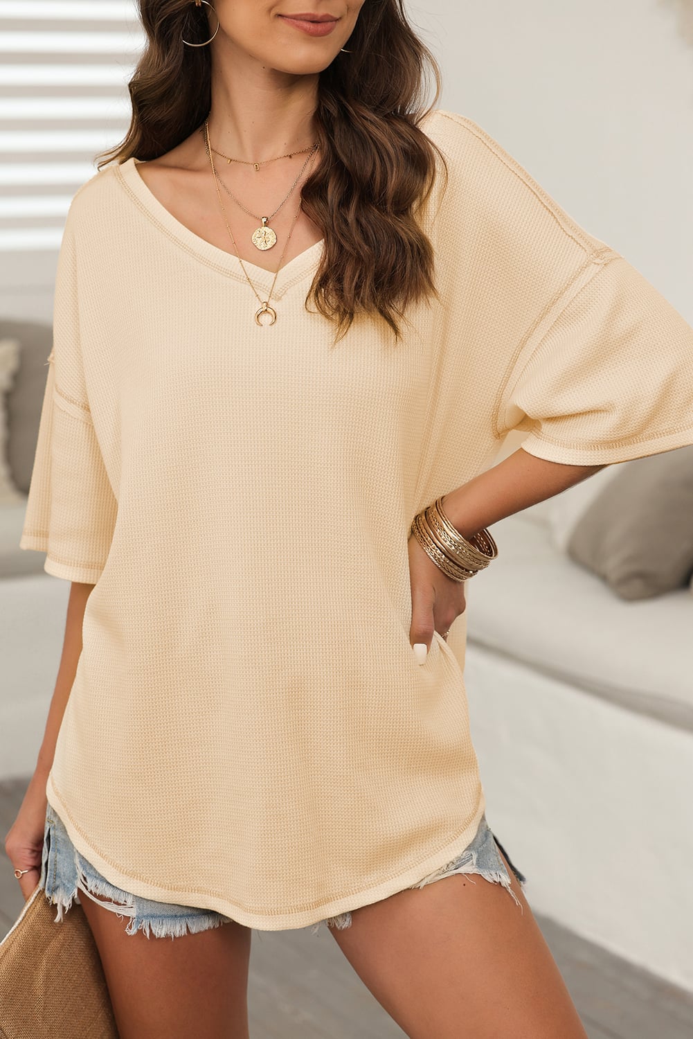 Apricot Exposed Seam Half Sleeve Knitted V Neck Textured Top