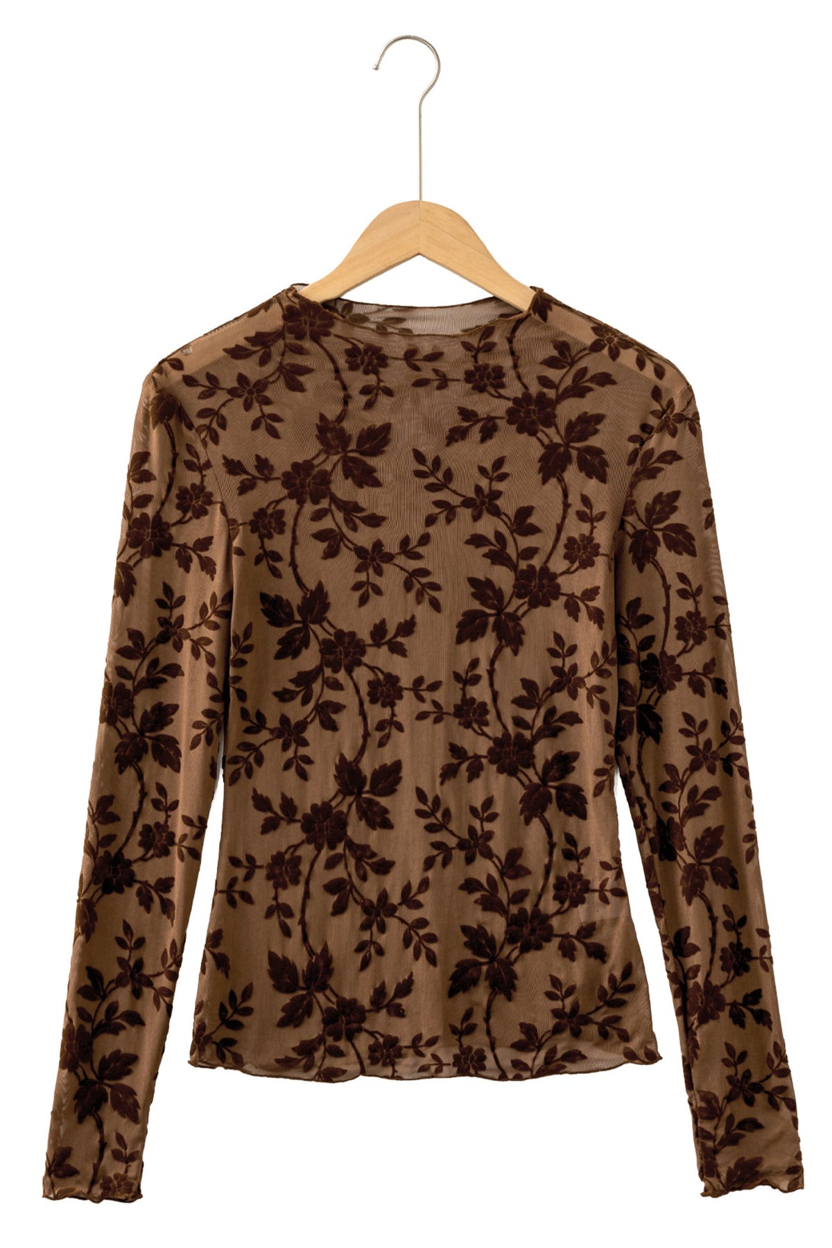 Apricot Floral Mesh Long Sleeve Round Neck Casual Sheath Top