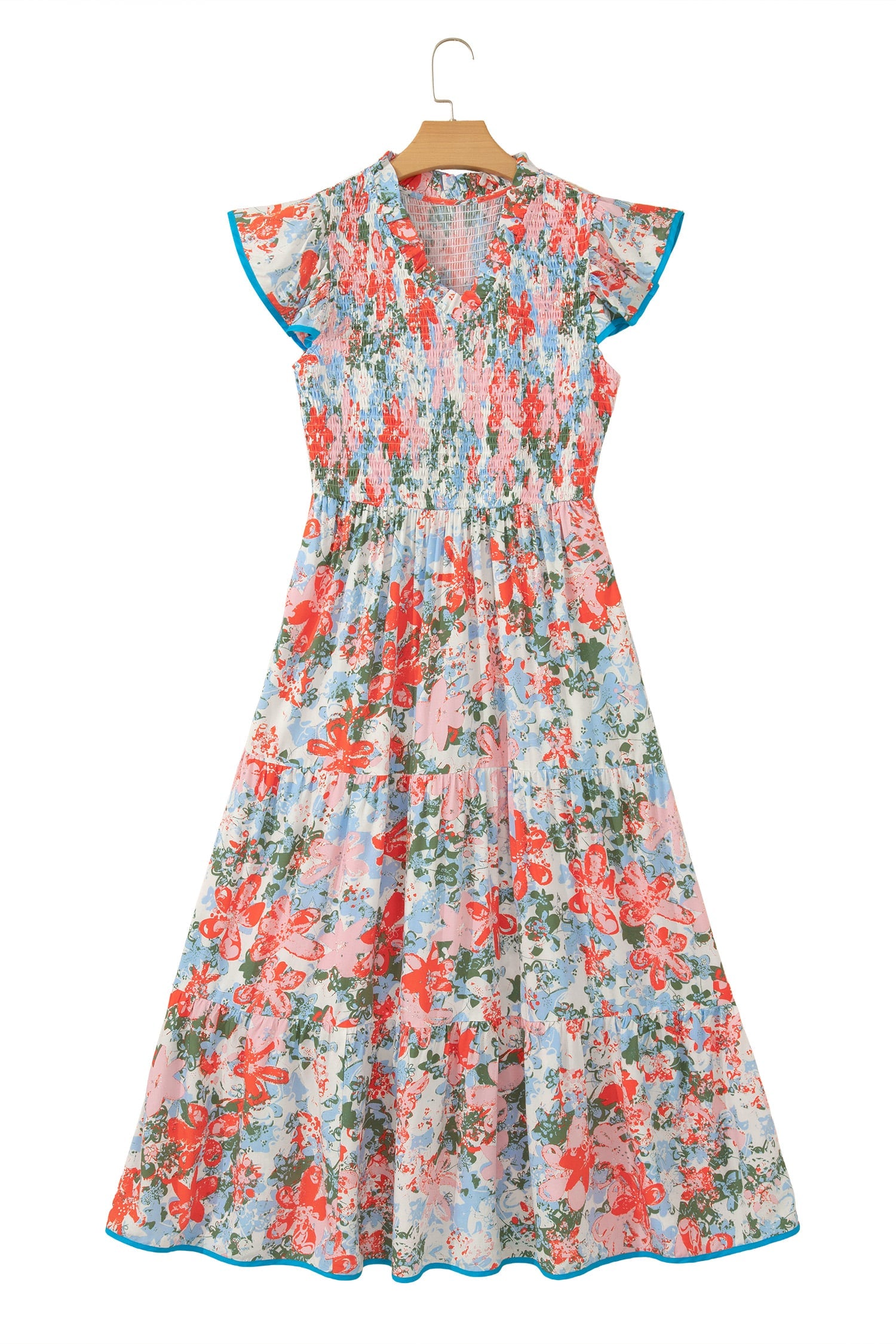 Apricot Floral Print V Neck Contrast Trim Flutter Sleeve Long Dress