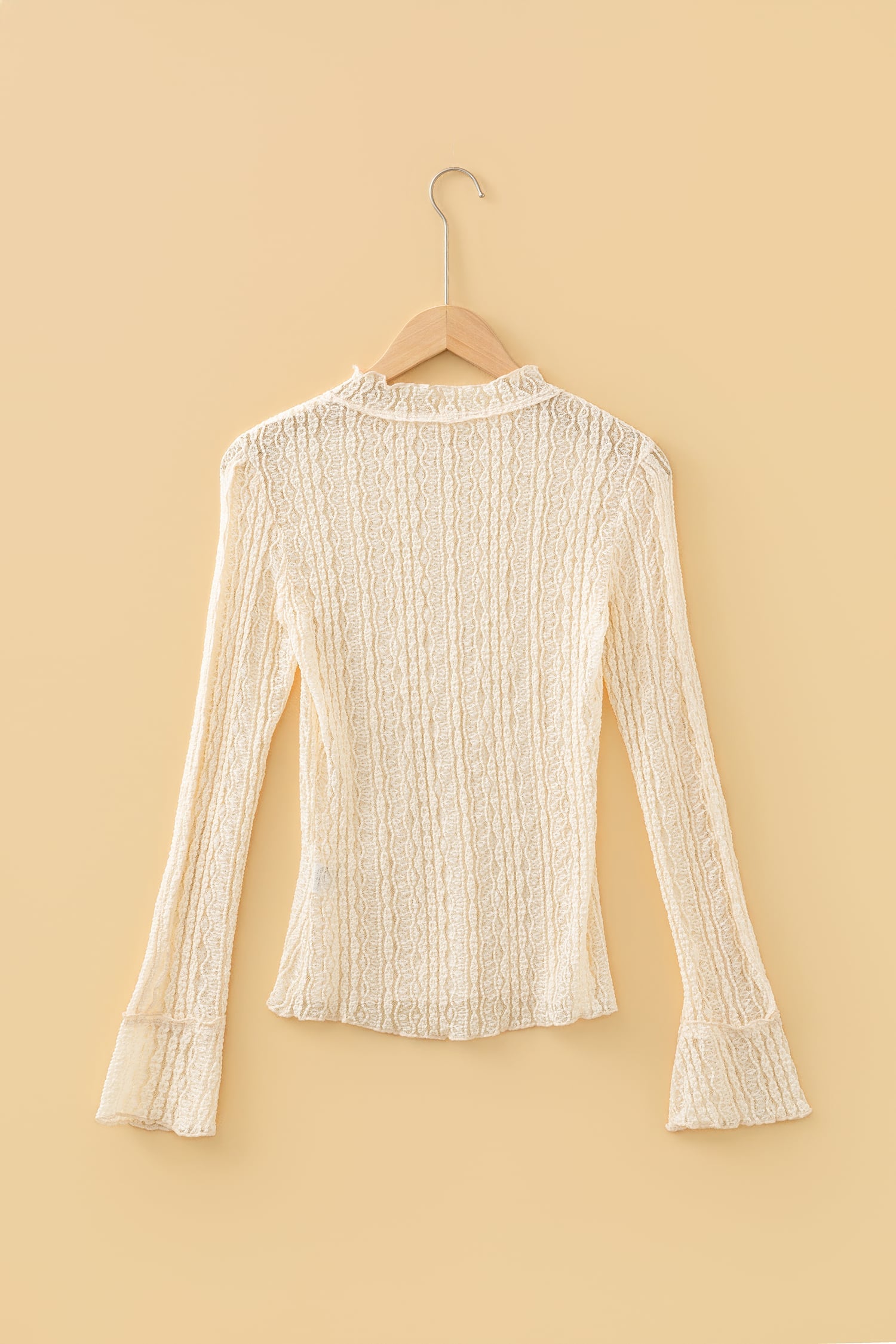 Apricot Flounced Long Sleeve Mock Neck Sheer Lace Top
