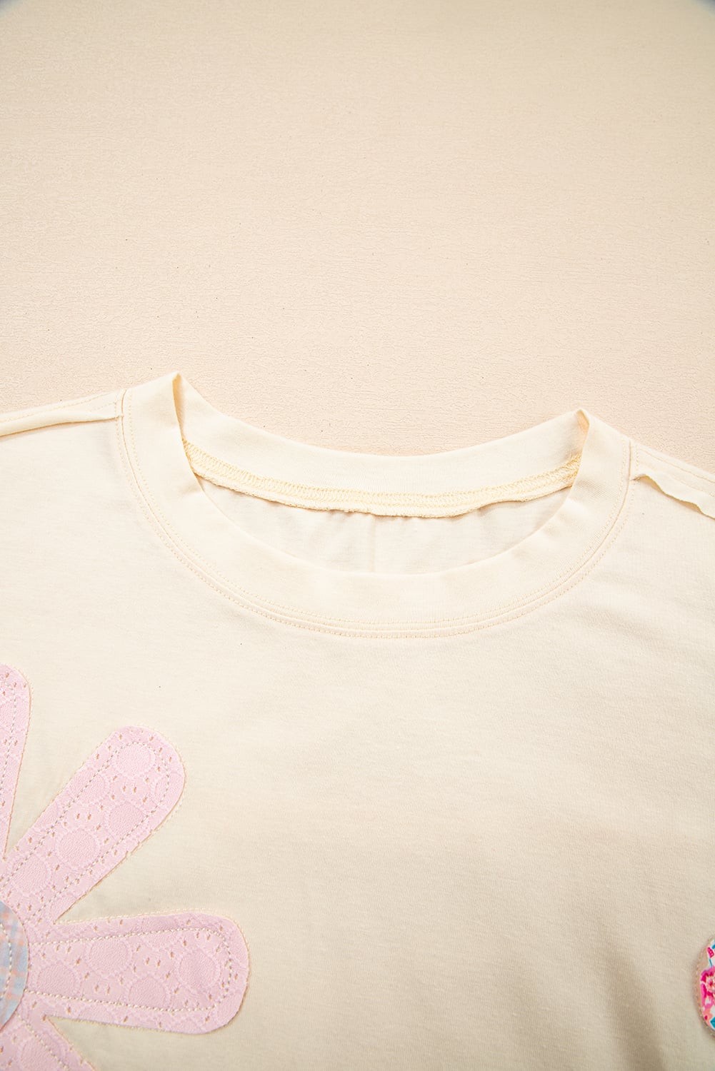 Apricot Flower Patched Exposed Stitching Trim Crew Neck Loose Tee
