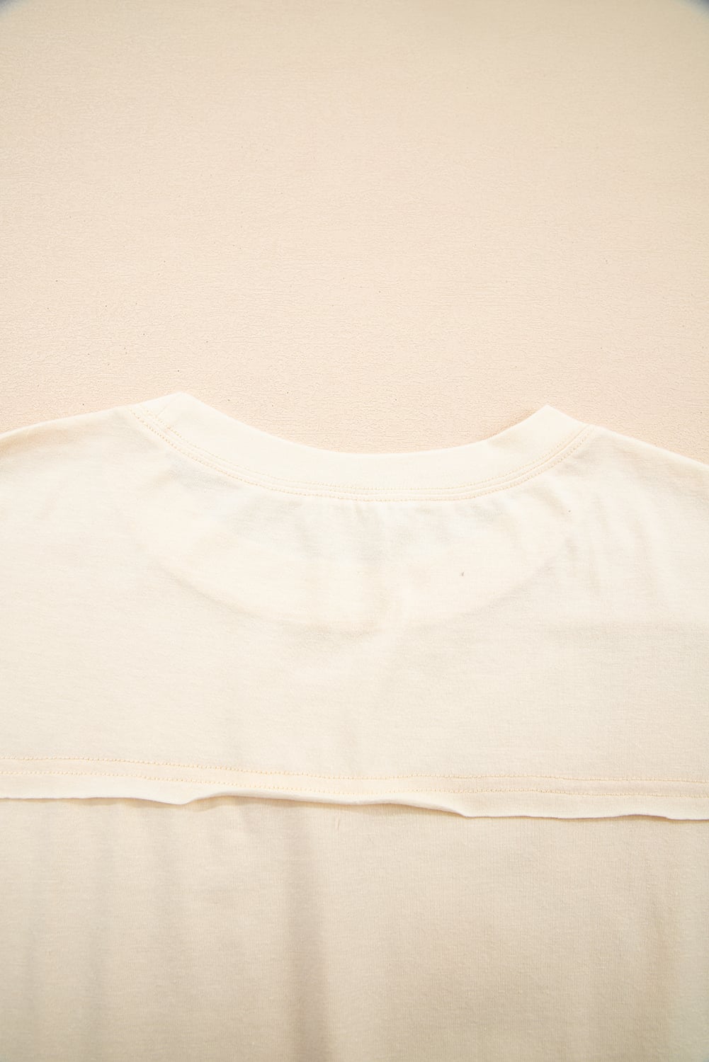 Apricot Flower Patched Exposed Stitching Trim Crew Neck Loose Tee