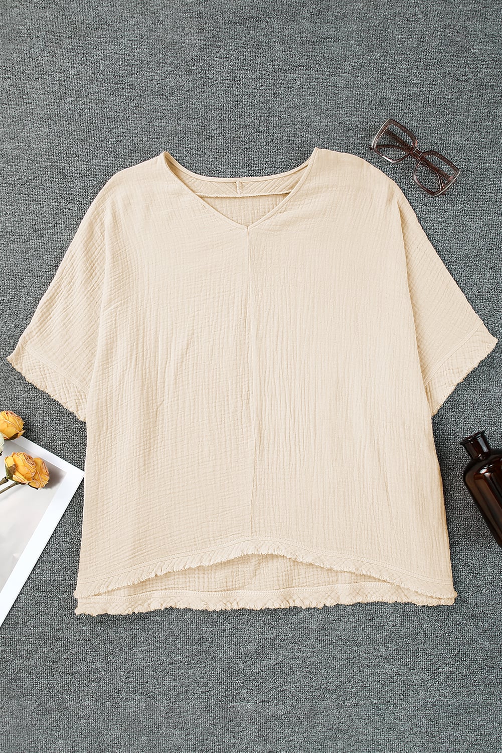 Apricot Frayed Batwing Sleeve Textured Cotton Blouse