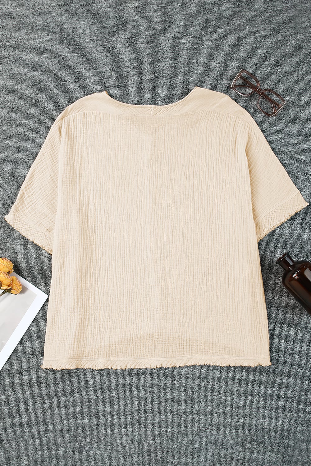 Apricot Frayed Batwing Sleeve Textured Cotton Blouse