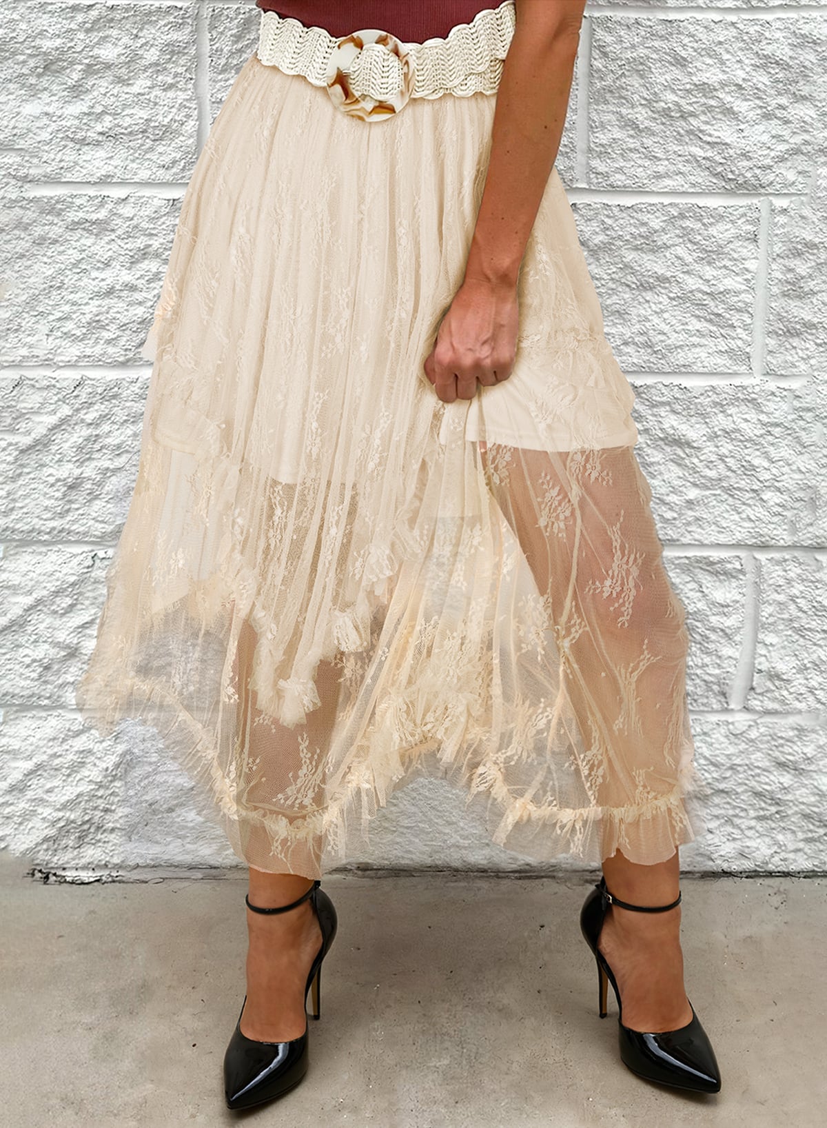 Apricot Lace Cascading Tiered High Waist Maxi Skirt