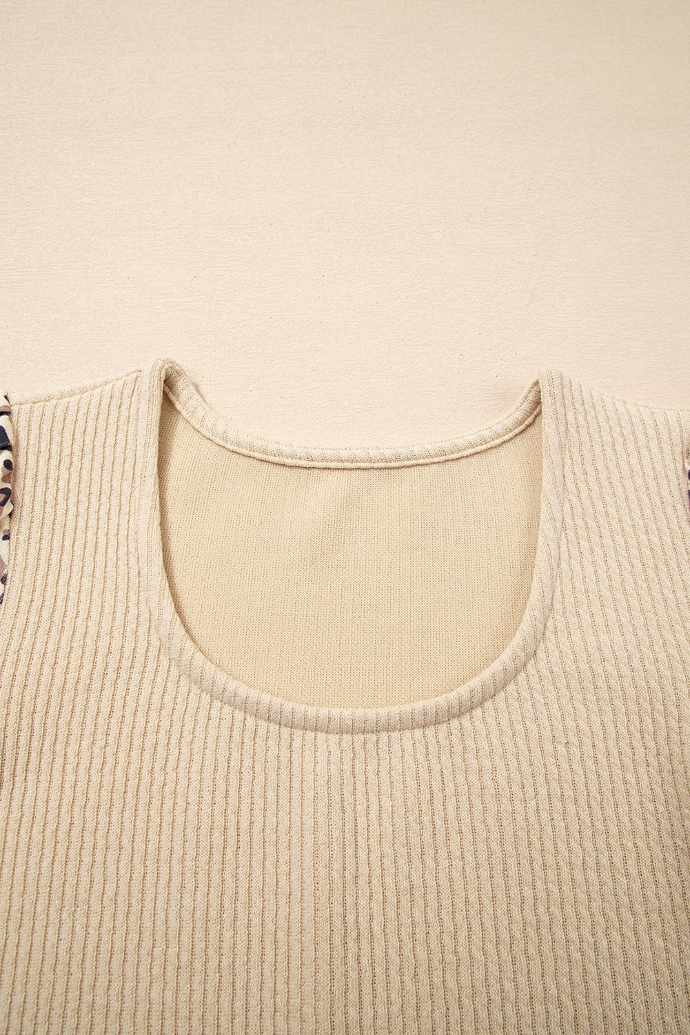 Apricot Leopard Sleeve Patchwork Ribbed Knit U Neck Top