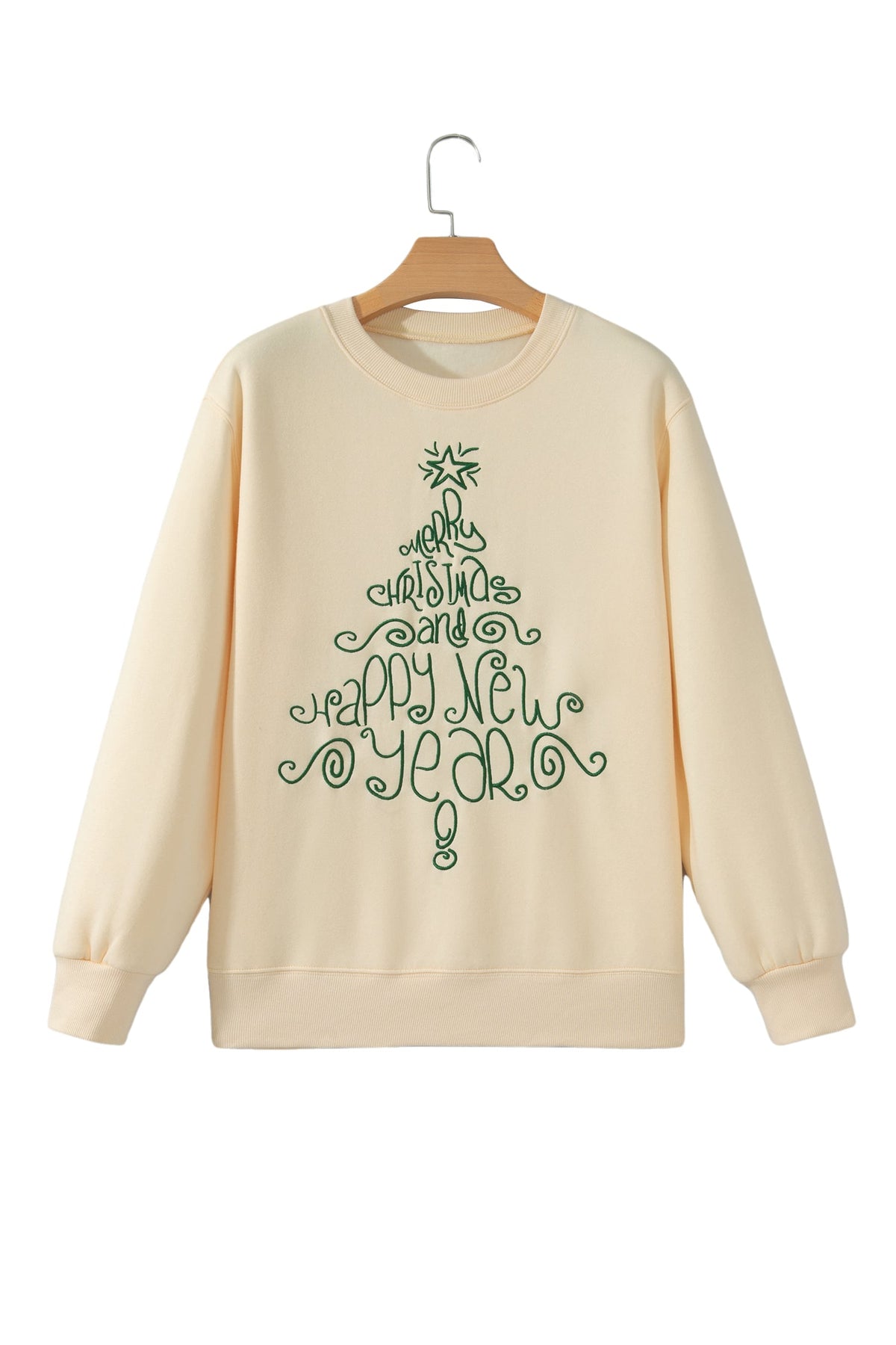 Apricot Merry Christmas and Happy New Year Embroidered Holiday Slogan Sweatshirt