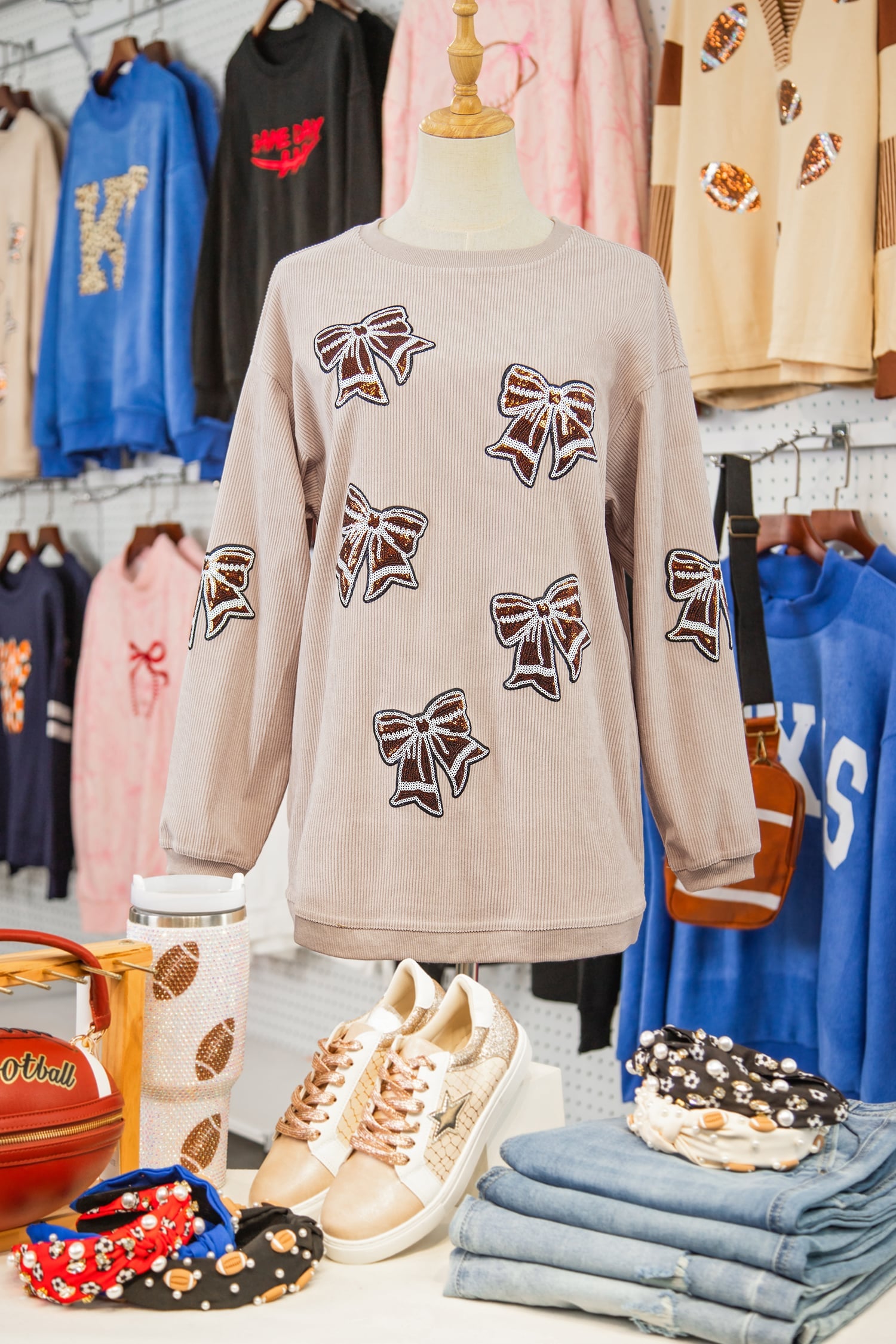 Apricot Oversize Sequin Bow Patched Corded Sweatshirt