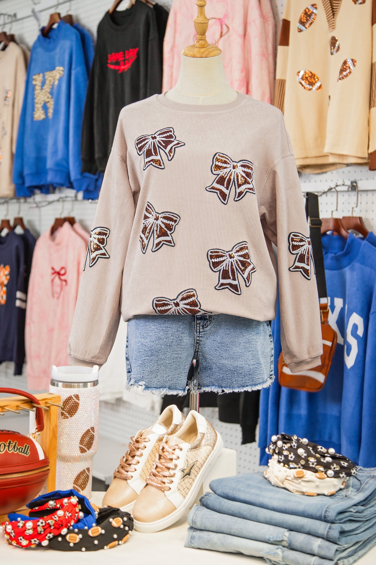 Apricot Oversize Sequin Bow Patched Corded Sweatshirt