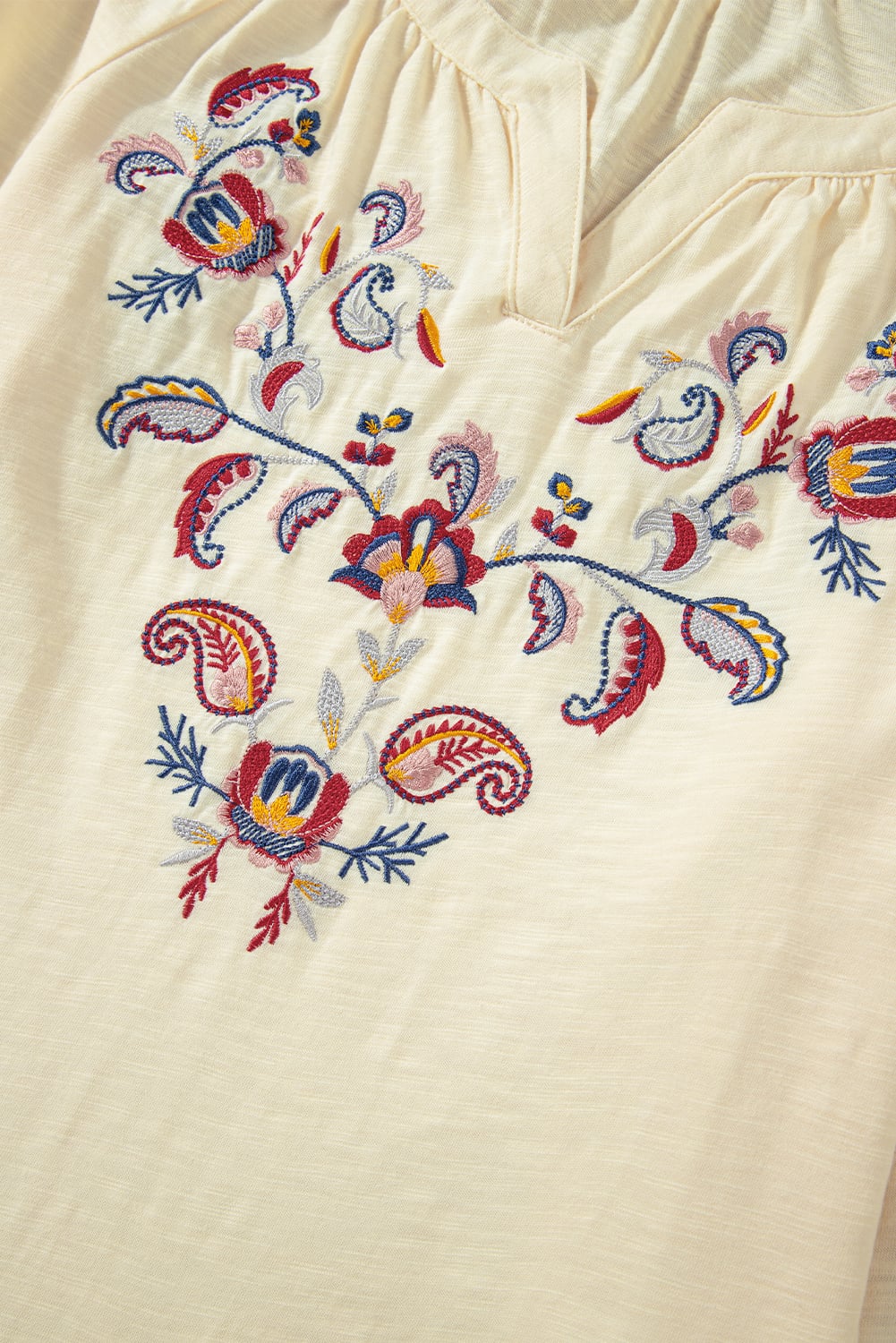 Apricot Paisley Floral Embroidered Notch V Neck Blouse