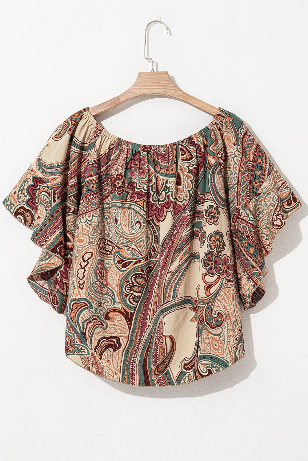Apricot Paisley Printed Shirred Off Shoulder Ruffled Draped Sleeve Blouse