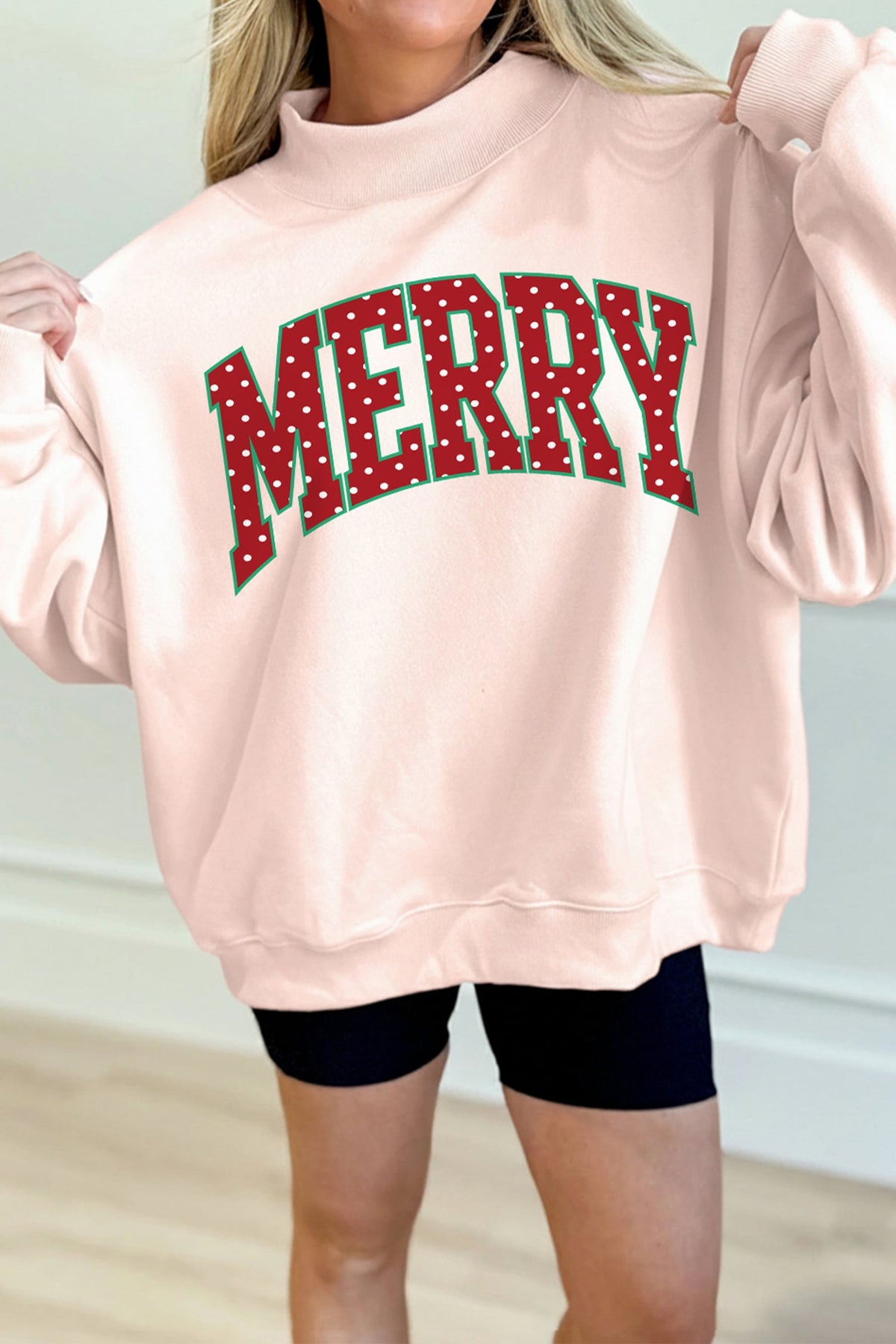 Apricot Pink Christmas Polka Dot Lettering Mock Neck Graphic Sweatshirt