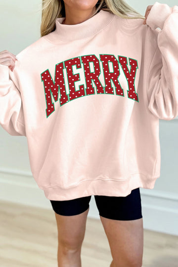 Apricot Pink Christmas Polka Dot Lettering Mock Neck Graphic Sweatshirt