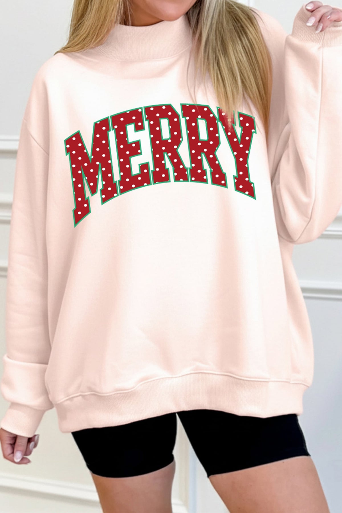 Apricot Pink Christmas Polka Dot Lettering Mock Neck Graphic Sweatshirt