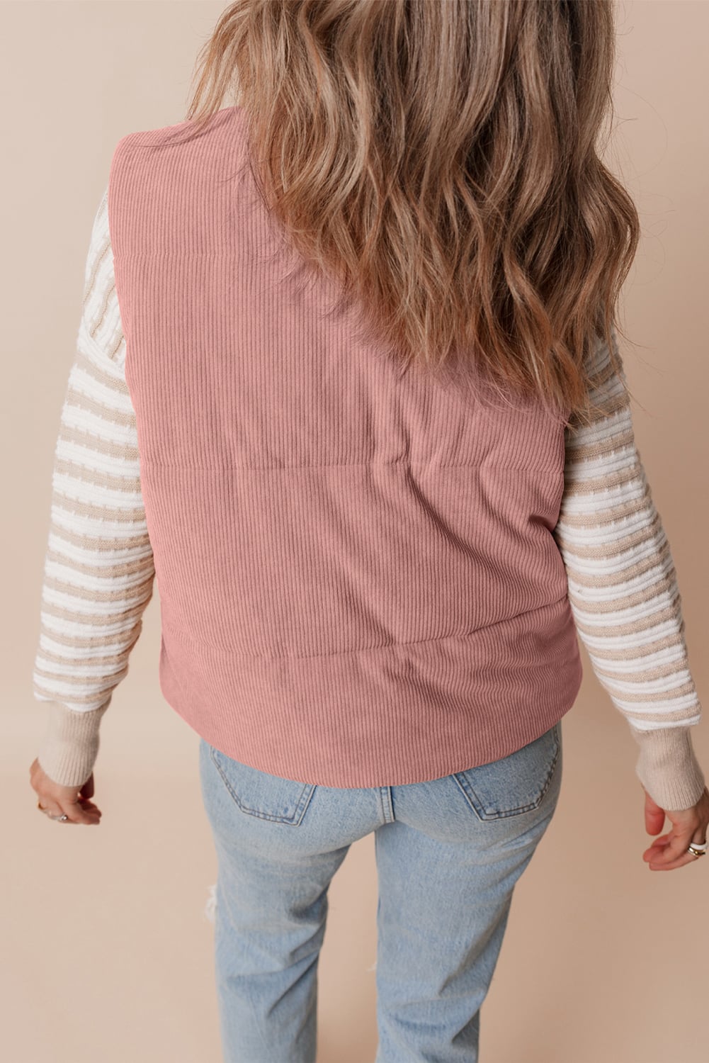 Apricot Pink Corduroy Stand Neck Zipped Puffer Vest