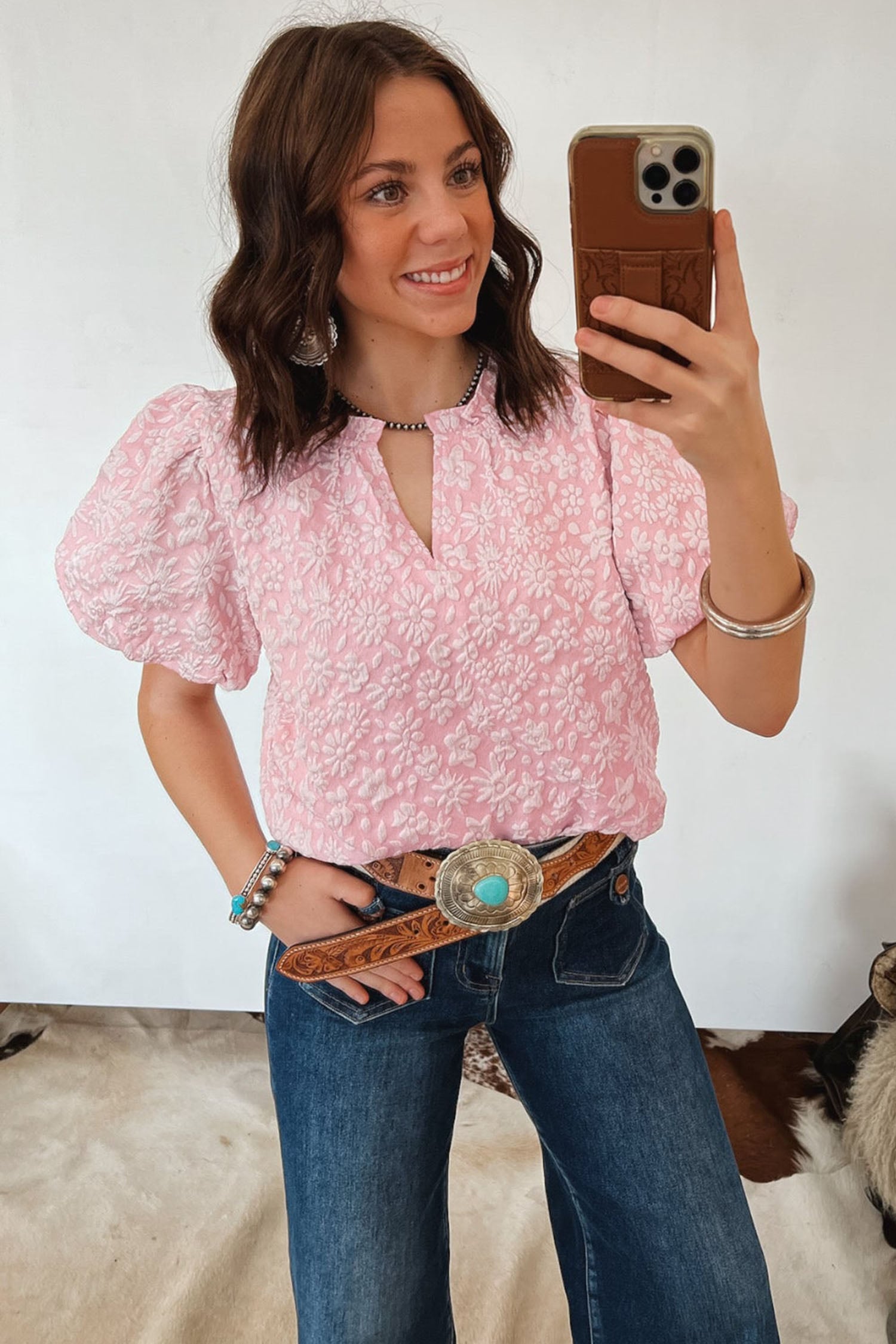 Apricot Pink Floral Textured Jacquard Puff Sleeve Blouse