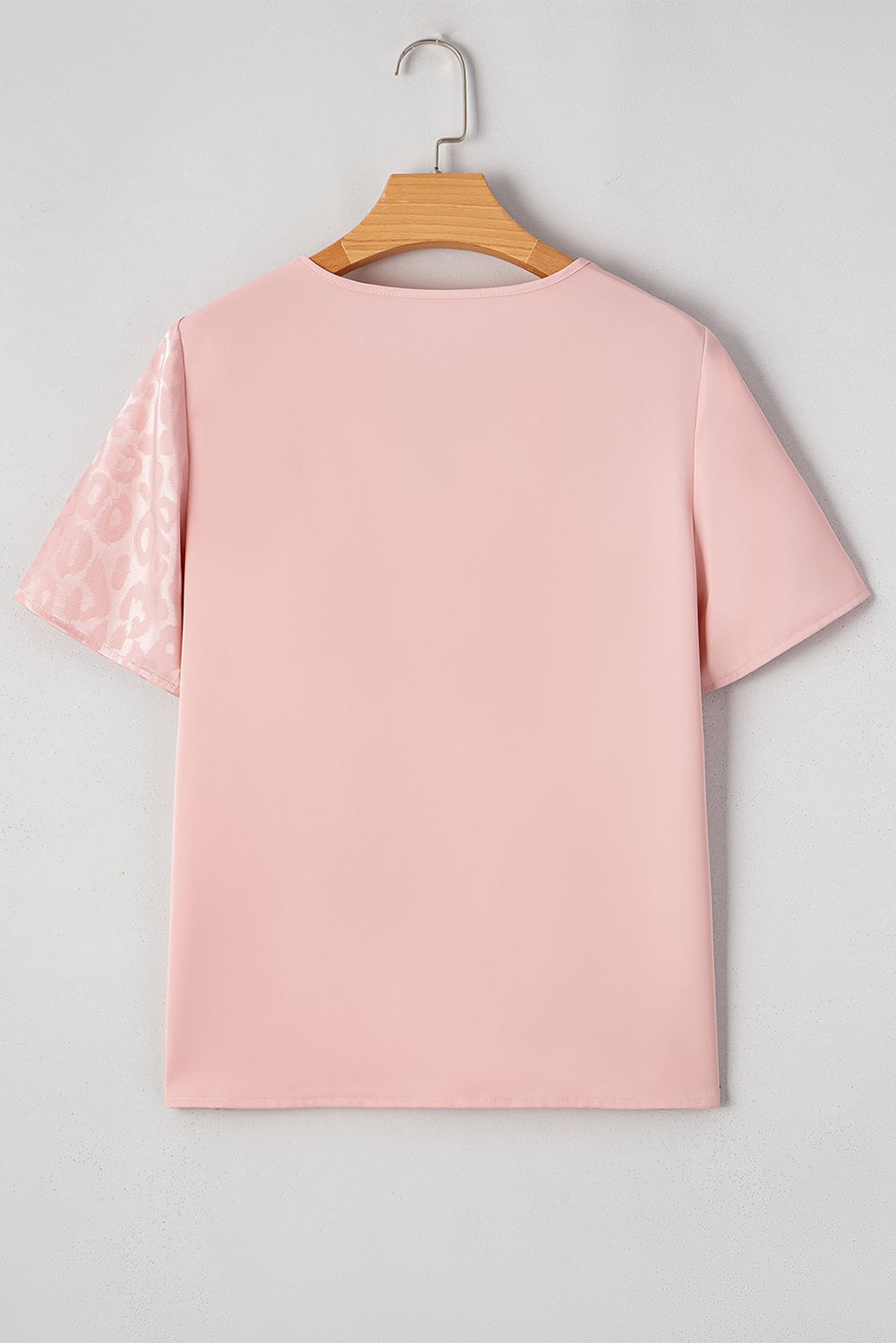 Apricot Pink Leopard Jacquard Patchwork Crisscross V Neck Short Sleeve Blouse