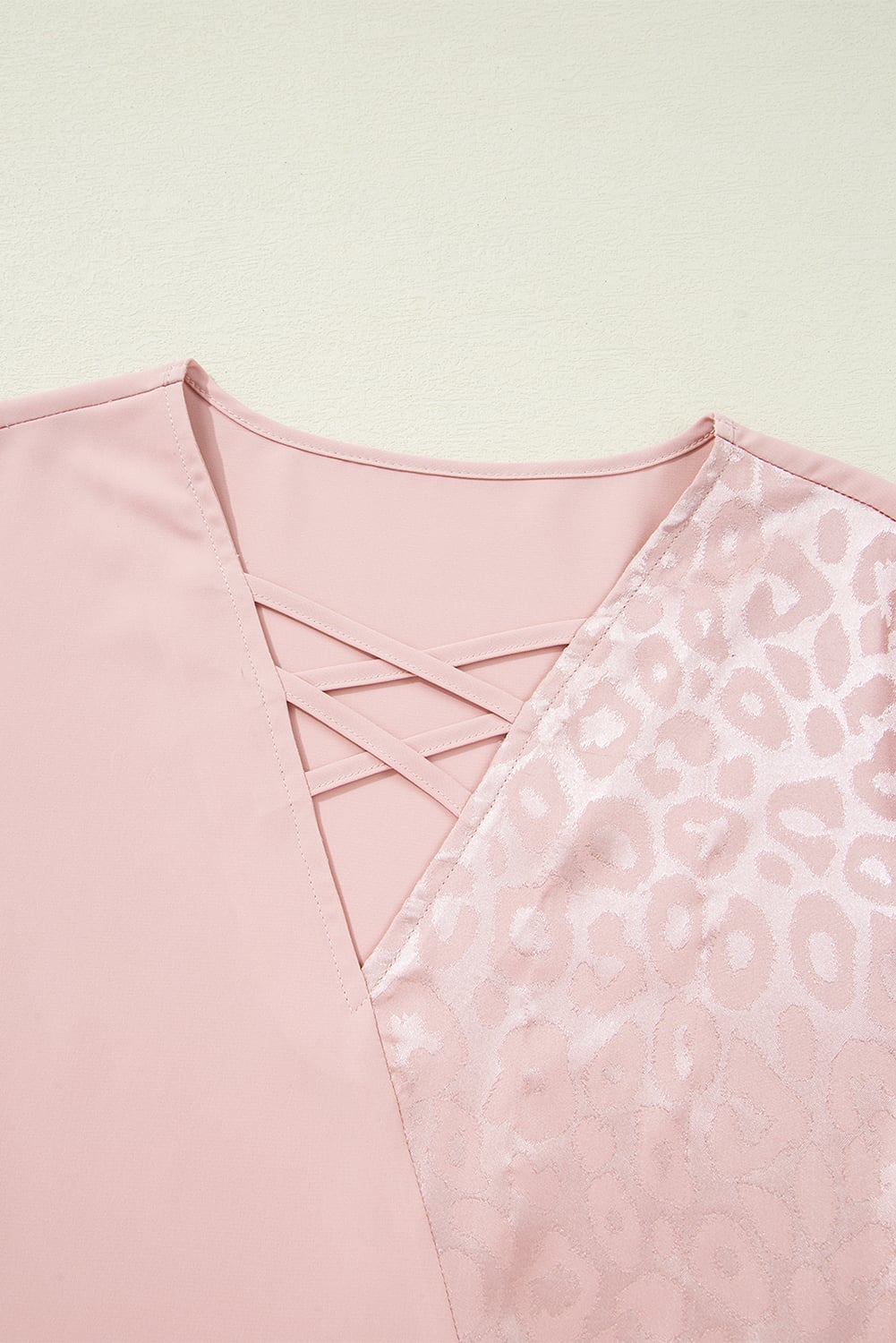 Apricot Pink Leopard Jacquard Patchwork Crisscross V Neck Short Sleeve Blouse