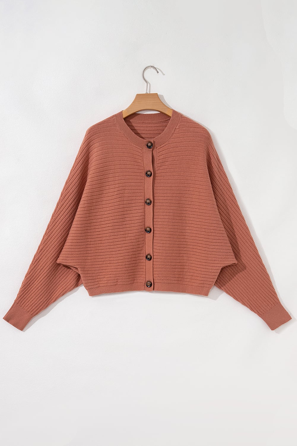 Apricot Pink Wide Rib Knit Button Front Dolman Sleeve Sweater Cardigan