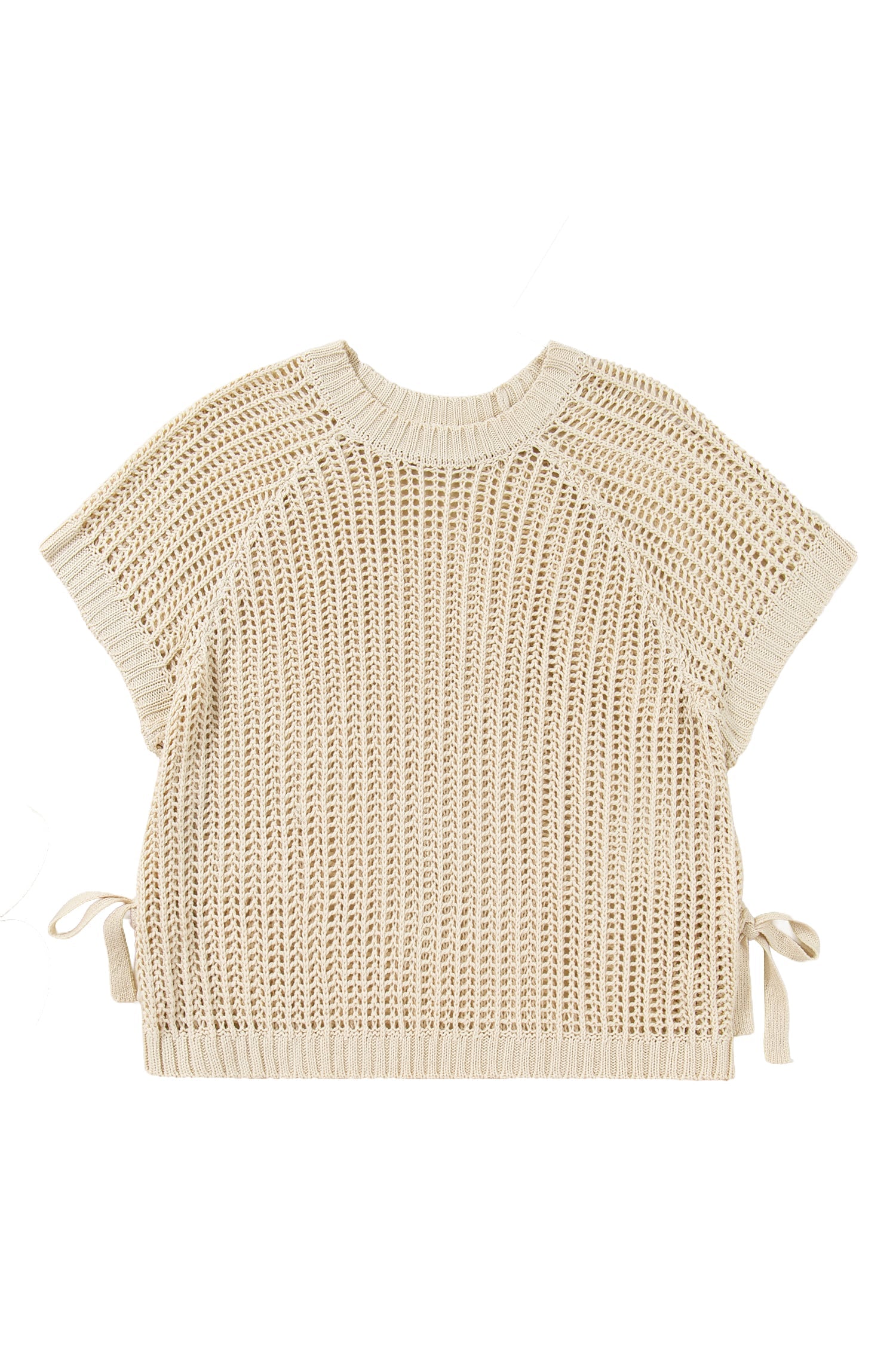 Apricot Plus Size Open Knit Bow Tie Short Sleeve Sweater