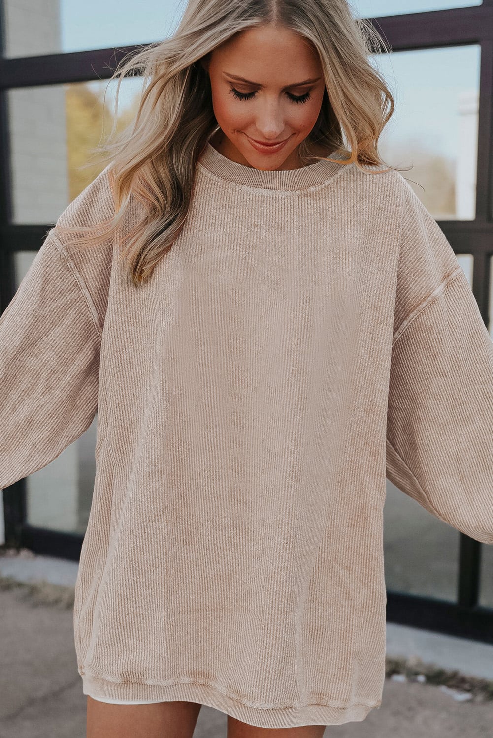 Apricot Ribbed Corduroy Oversized Sweatshirt