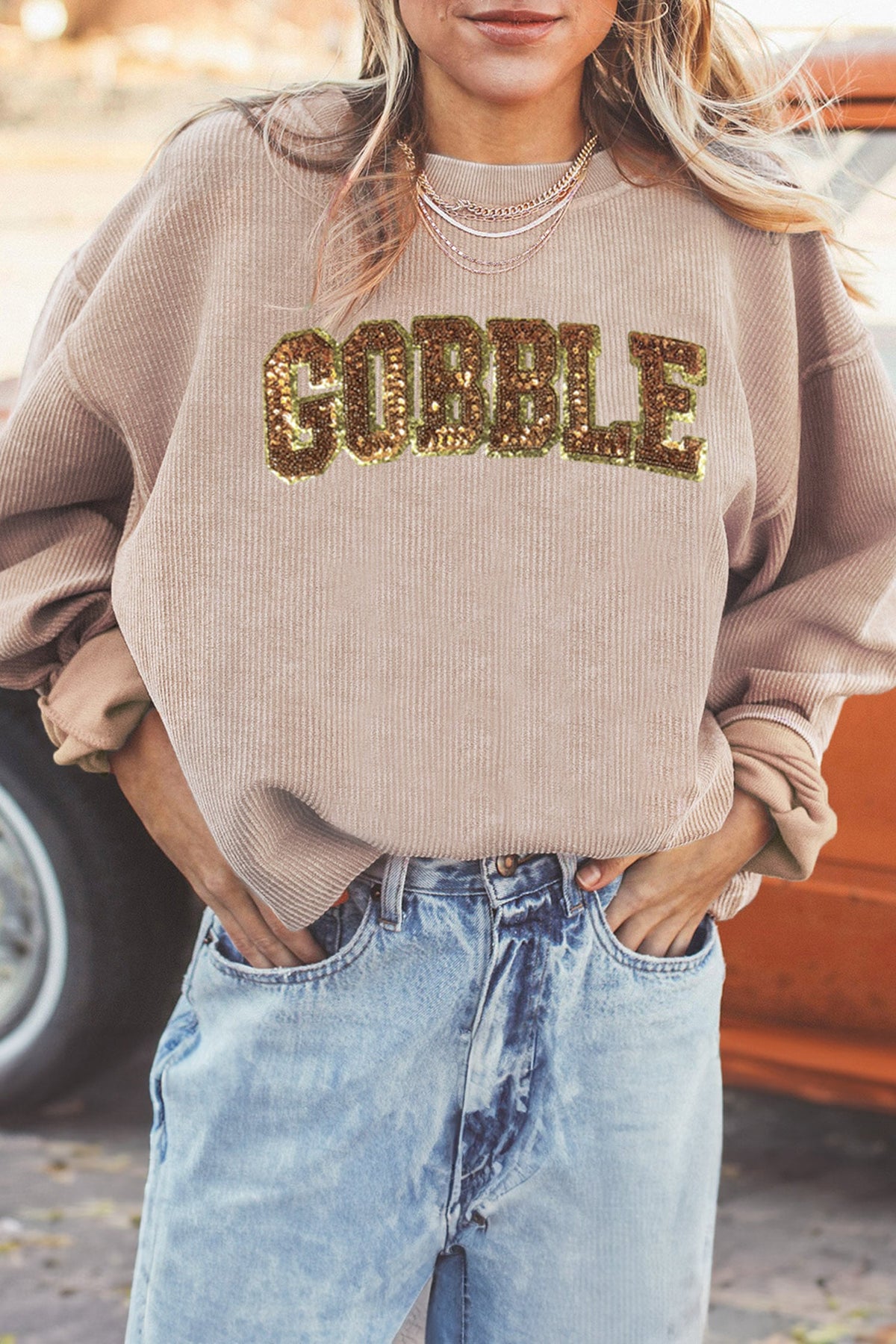 Apricot Sequin Gobble Letter Textured Pullover Sweatshirt