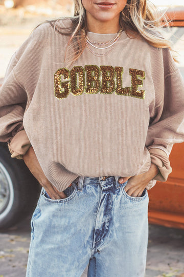 Apricot Sequin Gobble Letter Textured Pullover Sweatshirt