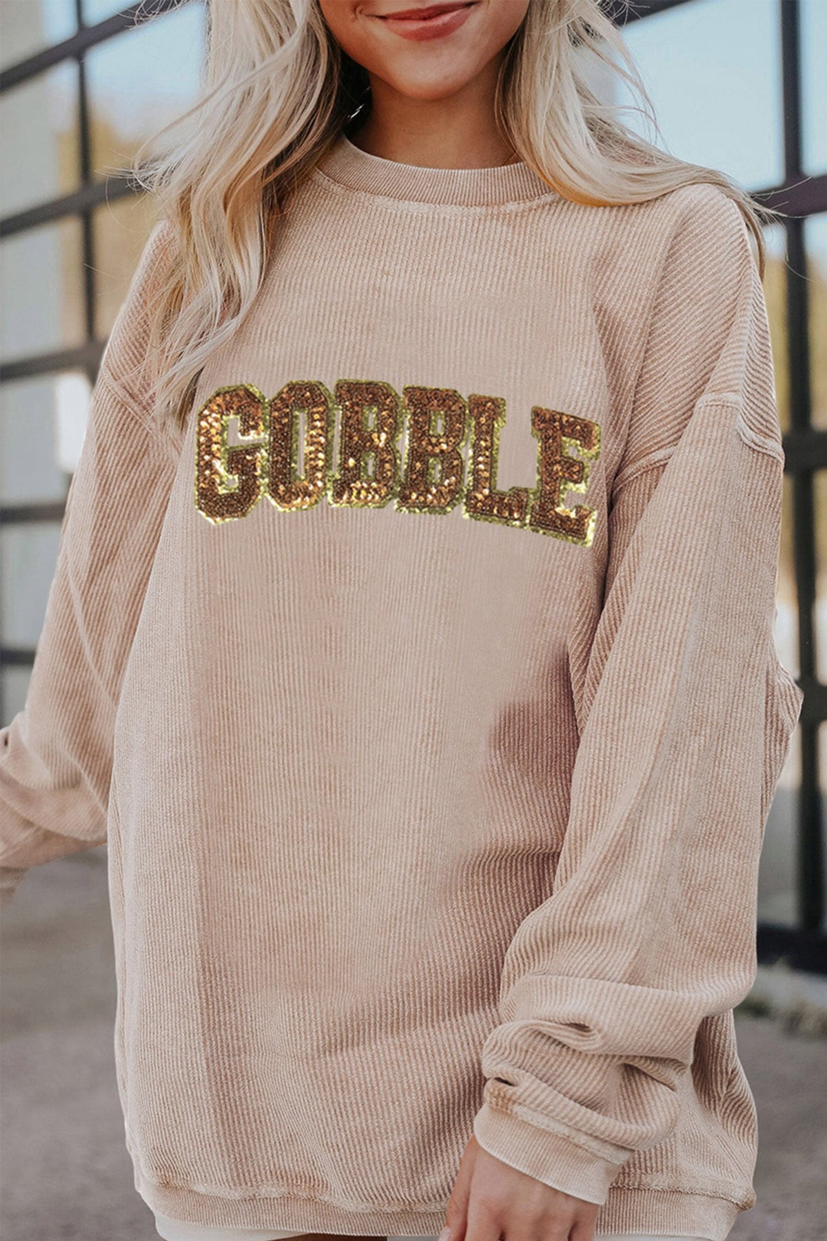 Apricot Sequin Gobble Letter Textured Pullover Sweatshirt