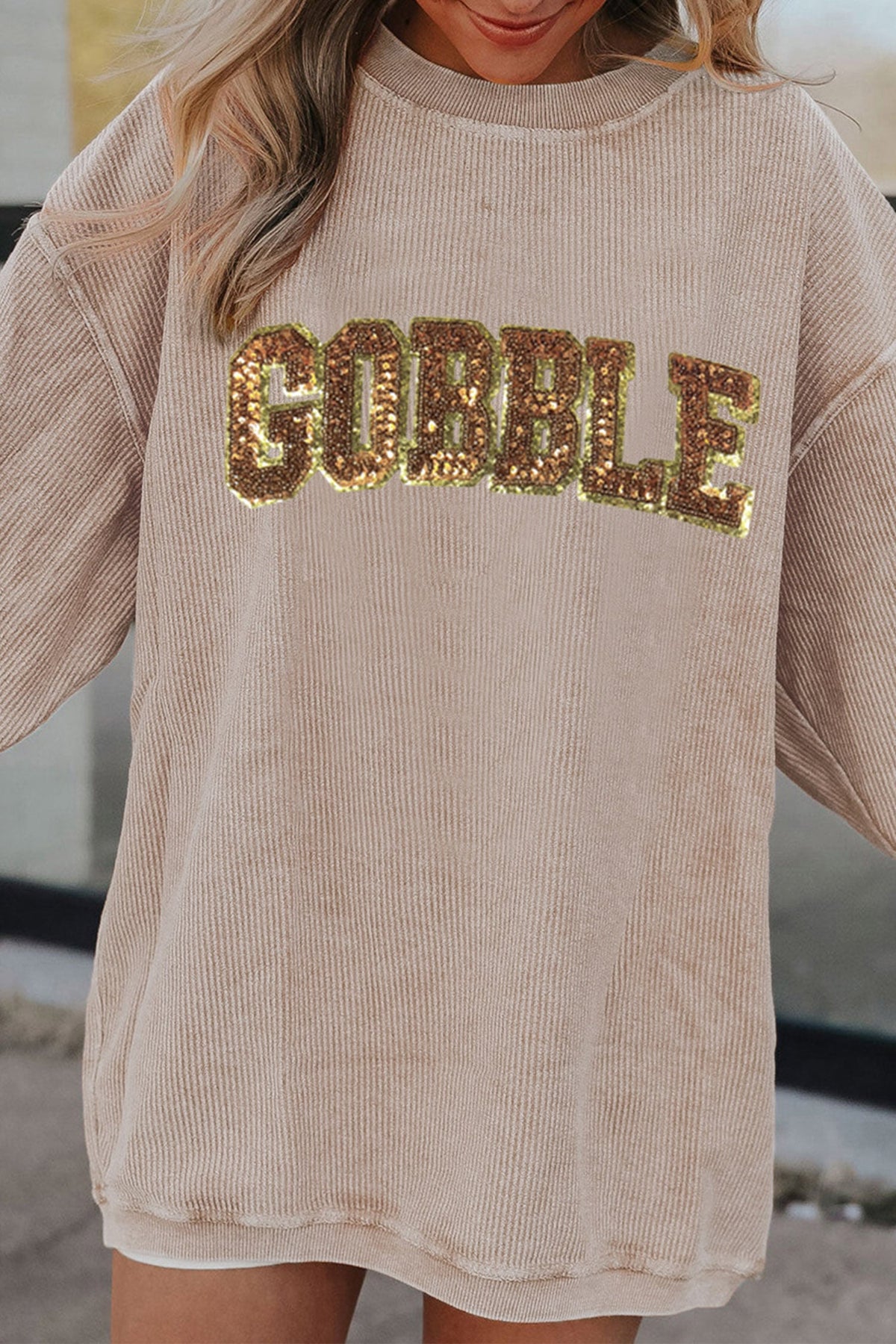 Apricot Sequin Gobble Letter Textured Pullover Sweatshirt