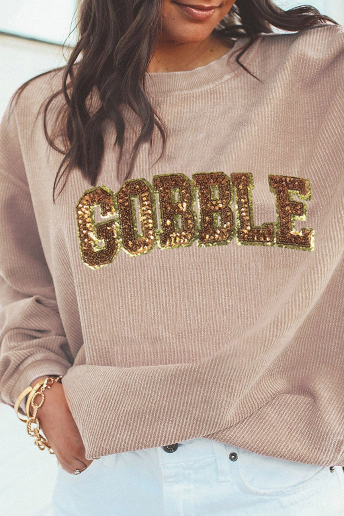 Apricot Sequin Gobble Letter Textured Pullover Sweatshirt