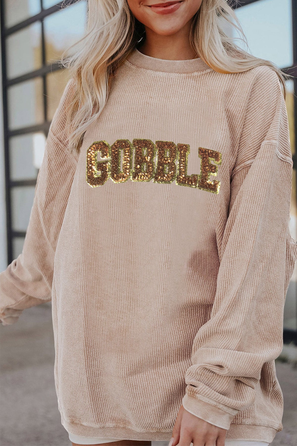 Apricot Sequin Gobble Letter Textured Pullover Sweatshirt