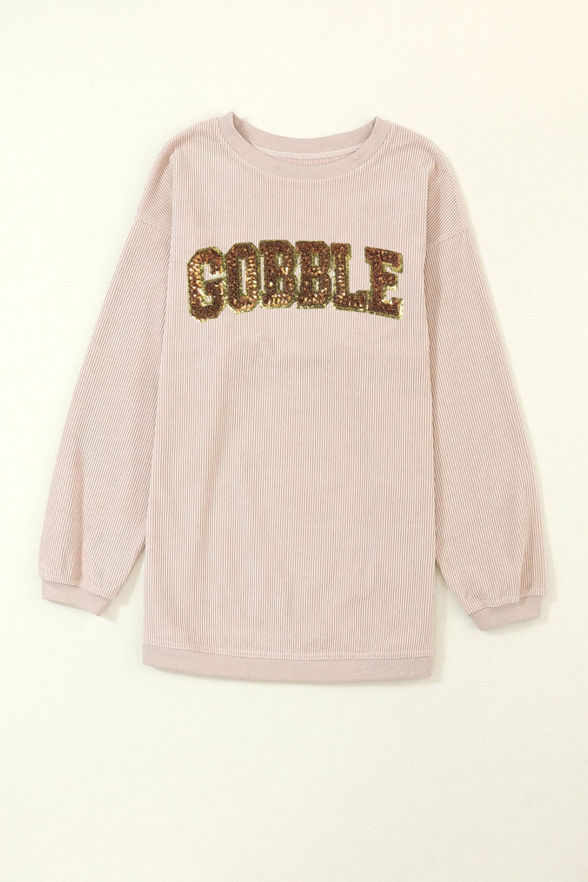 Apricot Sequin Gobble Letter Textured Pullover Sweatshirt