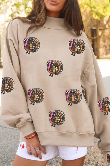 Apricot Sequin Turkey Exposed Mock Neck Baggy Pullover Sweatshirt