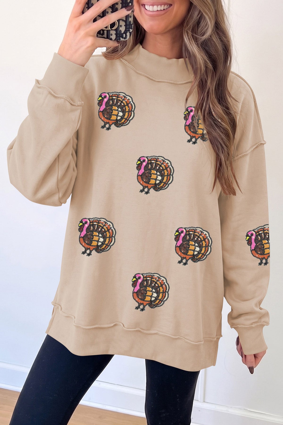 Apricot Sequin Turkey Exposed Mock Neck Baggy Pullover Sweatshirt